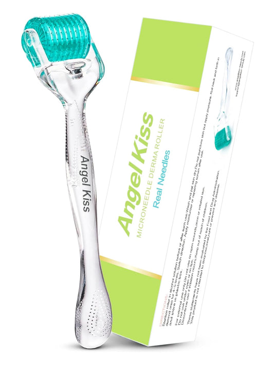 Derma Roller Real Needles - Angel Kiss 0.30mm Microneedling Roller with Case - 192 Stainless Steel Micro Needling Dermal Kit for Face, Scalp, Body - At Home Microdermabrasion Roller for Women Men