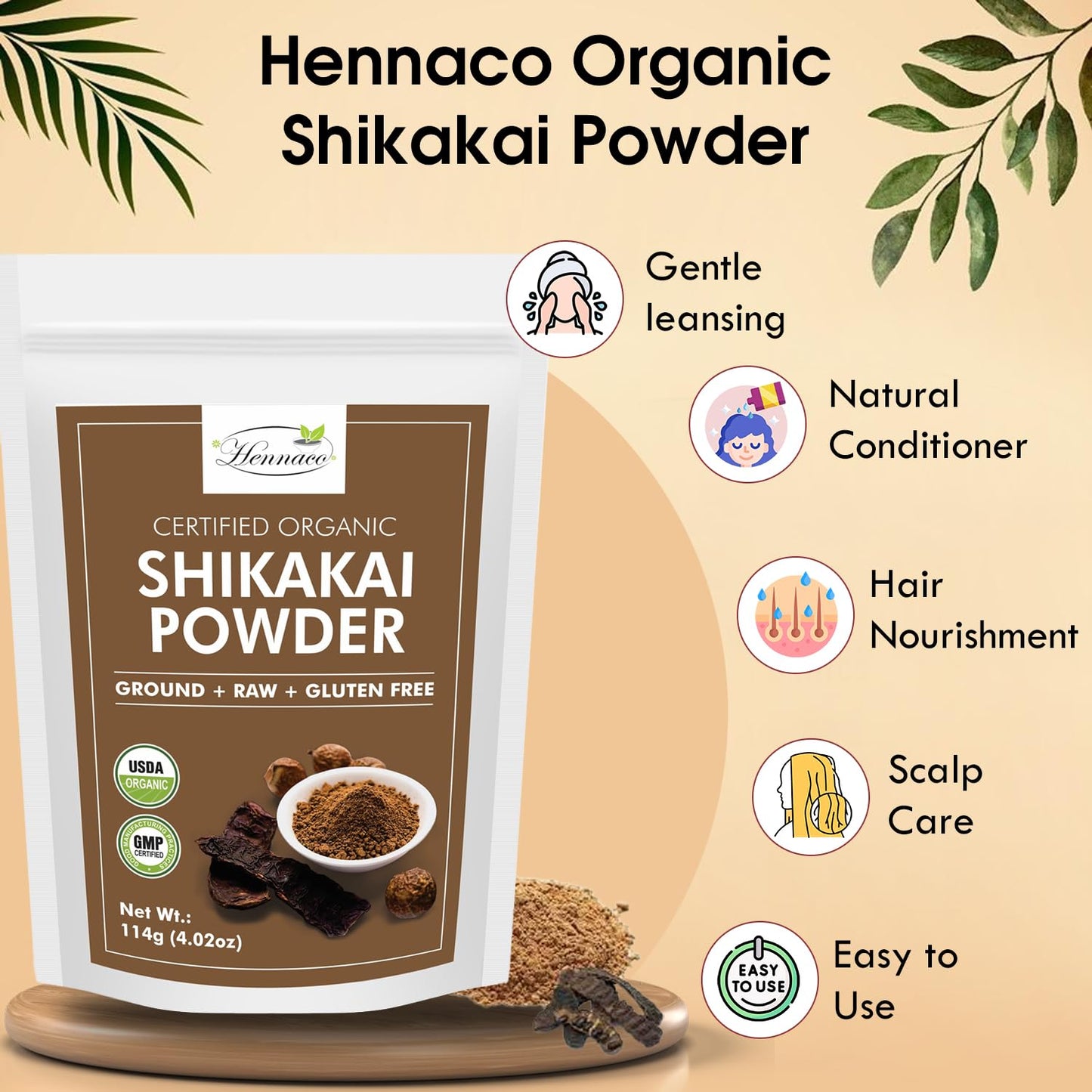 hennaco Organic Shikakai Powder| Acacia concinna Powder| Natural Hair Cleansing & Conditioning| Organic Hair Wash Powder| Shikakai Powder for Hair| 114 Grams (4 OZ)