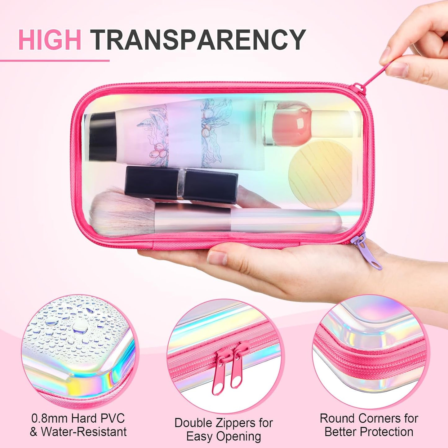 Hoolerry 4 Pcs Hard Clear Zipper Case Makeup Bags Plastic Pencil Pouch Transparent Storage Box Containers for Cosmetics, Snacks, Building Blocks, Puzzles(Pink Laser,7.5 x 3.9 x 2 in)