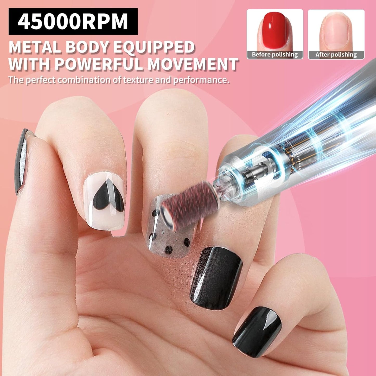 Professional Electric Nail Drill Machine,45000RPM Portable Rechargeable Efile Nail Drill Cordless,Electric Nail File Kit for Women (Pink)