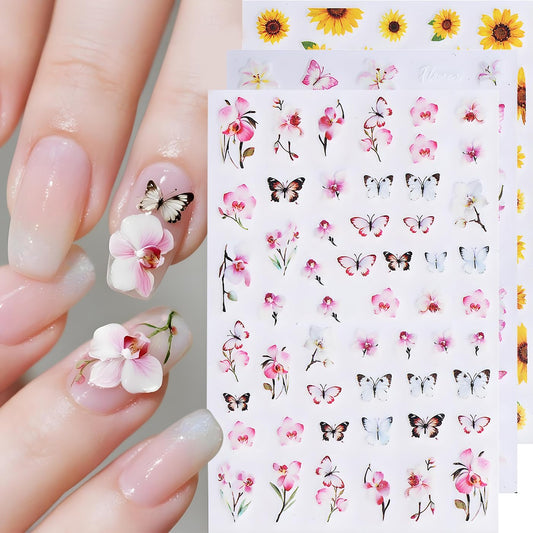 Flower Nail Art Stickers, Luminous Nail Art Decals 3D Self-Adhesive Flowers Fairy Butterfly Floral Leaf Nail Design 6PCS Luminous Nail Art Supplies for Women Nail Decoration