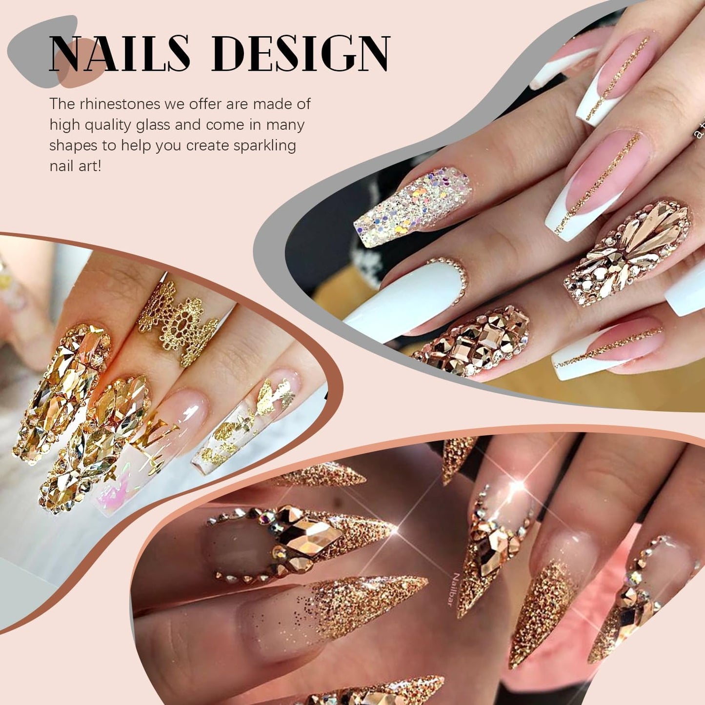 2060Pcs Mineral Gold Glass Nail Rhinestones 60Pcs Multi Shapes Flatback Nail Gems + 2000Pcs 1.5-4mm Round Crystal with Rhinestones Glue Gel, Manicure Nail Charms Diamond Gemstones for Nail Art