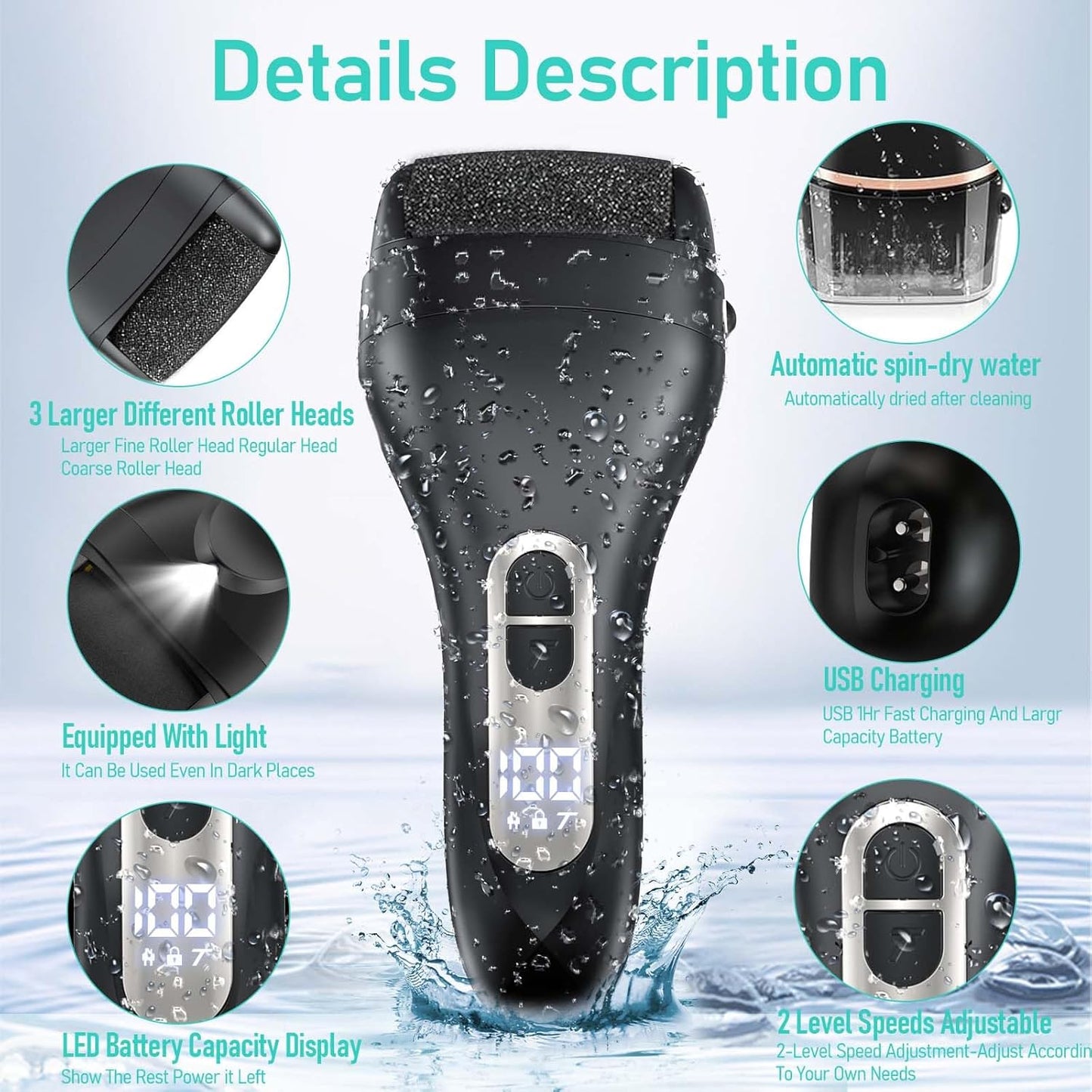 Electric Callus Remover for Feet - with Larger Grinding Head, Portable Pedicure Kit Foot File Callus Remover, Rechargeable Waterproof Foot File for Foot Care Deadskin Remover LCD Display-Black