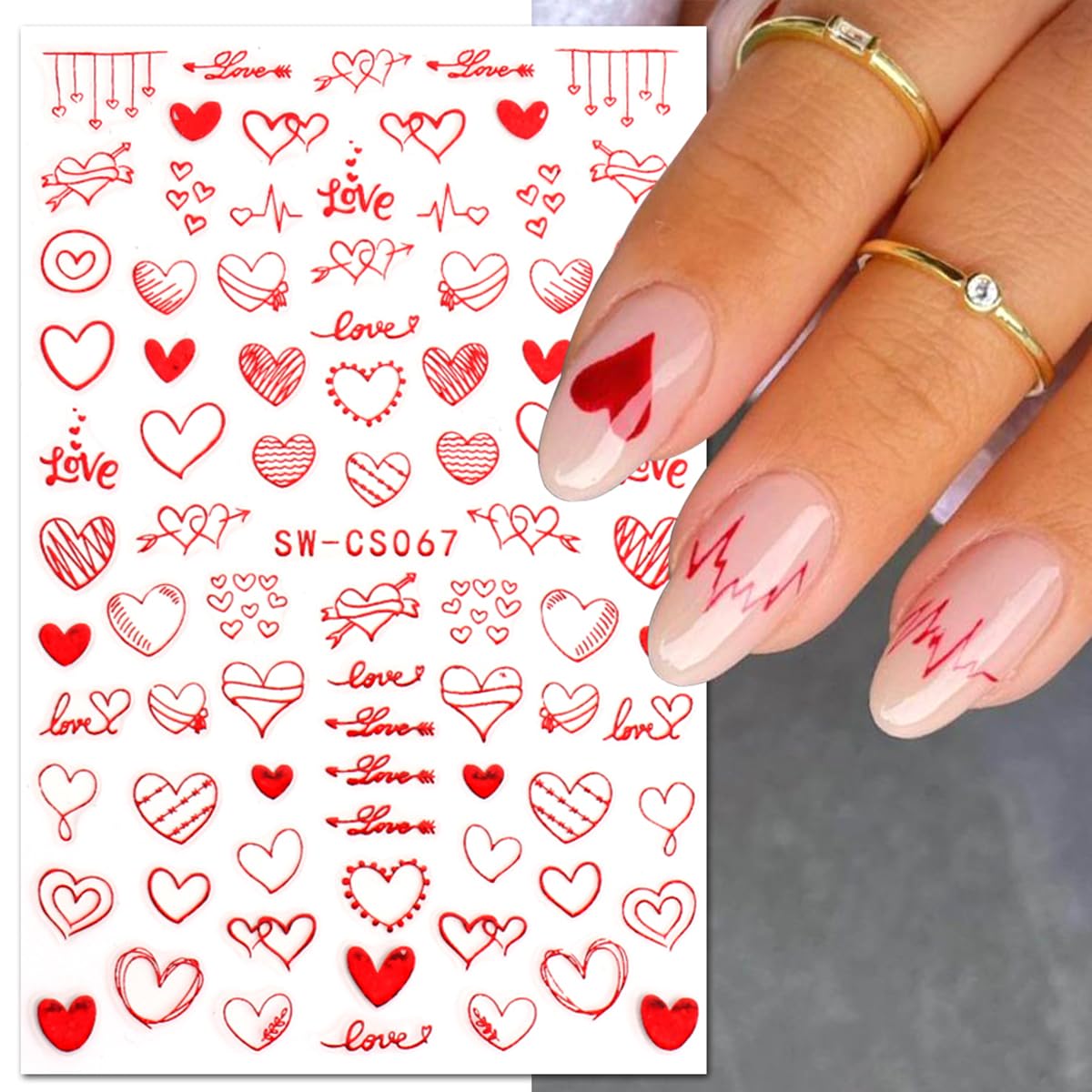 8 Sheets Valentines Nail Stickers Decal 3D Self-Adhesive Romantic Red Heart Nail Art Stickers Love Hearts Nail Design Acrylic Nail Art Supplies Valentines Day Nail Decals for Women DIY Nail Decoration