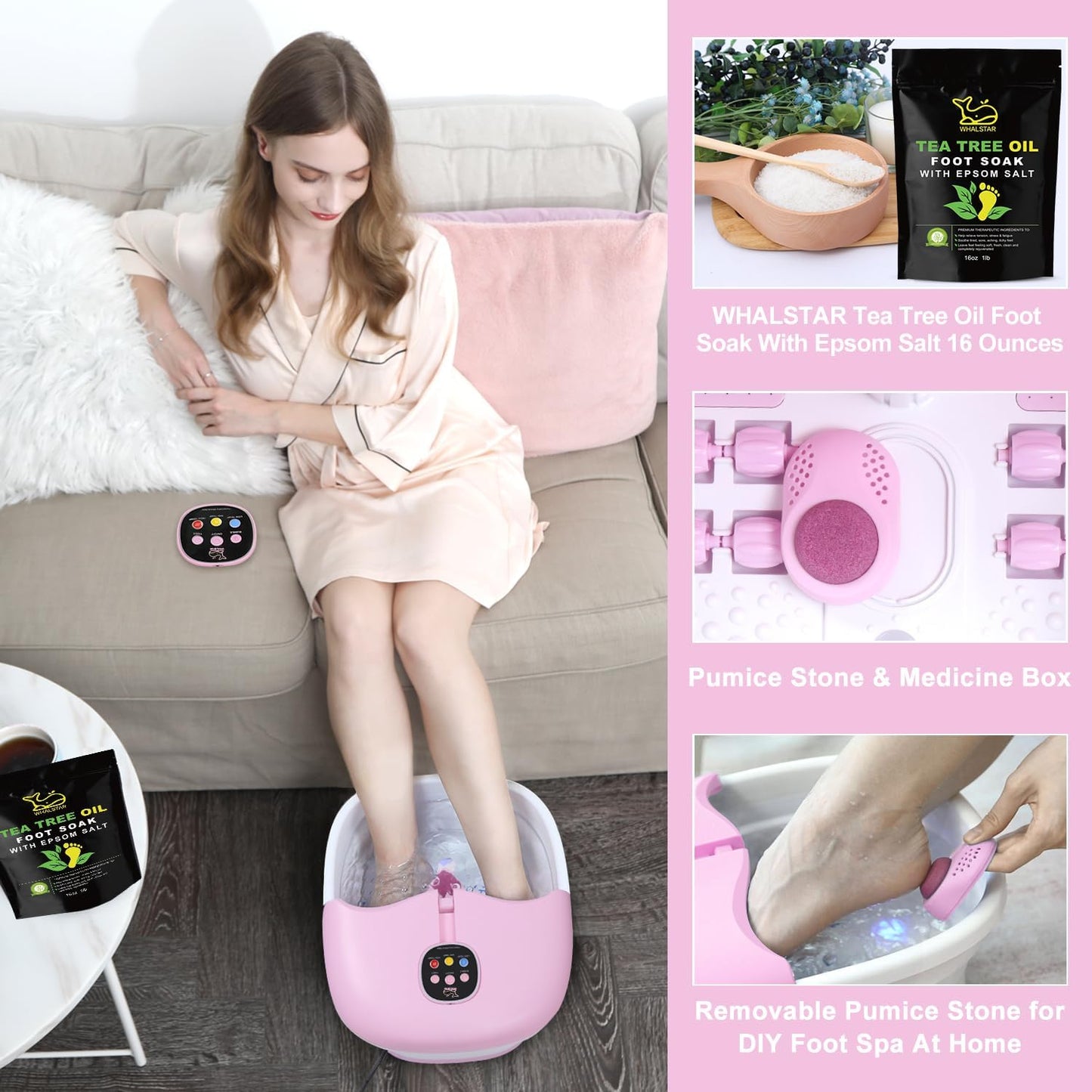 Foot Spa Bath Massager with Heat Bubbles and Vibration Massage and Jets, 16oz Tea Tree Oil Foot Soak Epsom Salt, WHALSTAR Collapsible Foot Bath Bucket With Infrared Fighting Infections & Remote - PINK