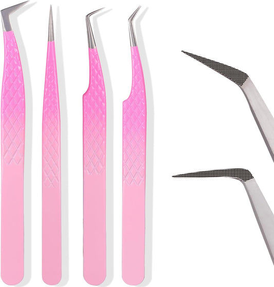 Fiber Tip Lash Tweezers For Eyelash Extension 4 Pcs Tweezers Professional Artist Tech Work Kit Tools,Best Volume Eyelash Lashes Extensions Precision Supplies Volume Boot 90 45 Degree(Omber pink)