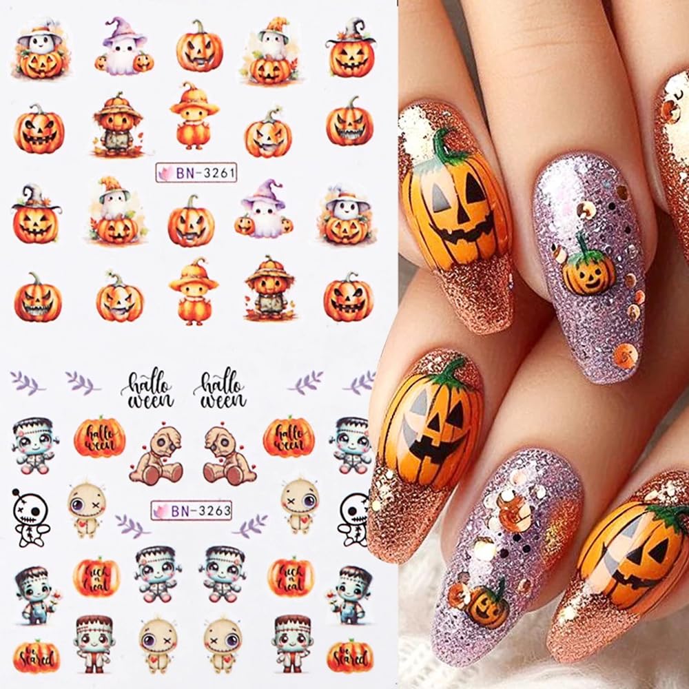 Halloween Nail Decals - Cute Cartoon Water Transfer Foil for Women - Pink Pumpkin Ghost Skeleton Witch Bat Designs - DIY Nail Art Decor - 12Pcs