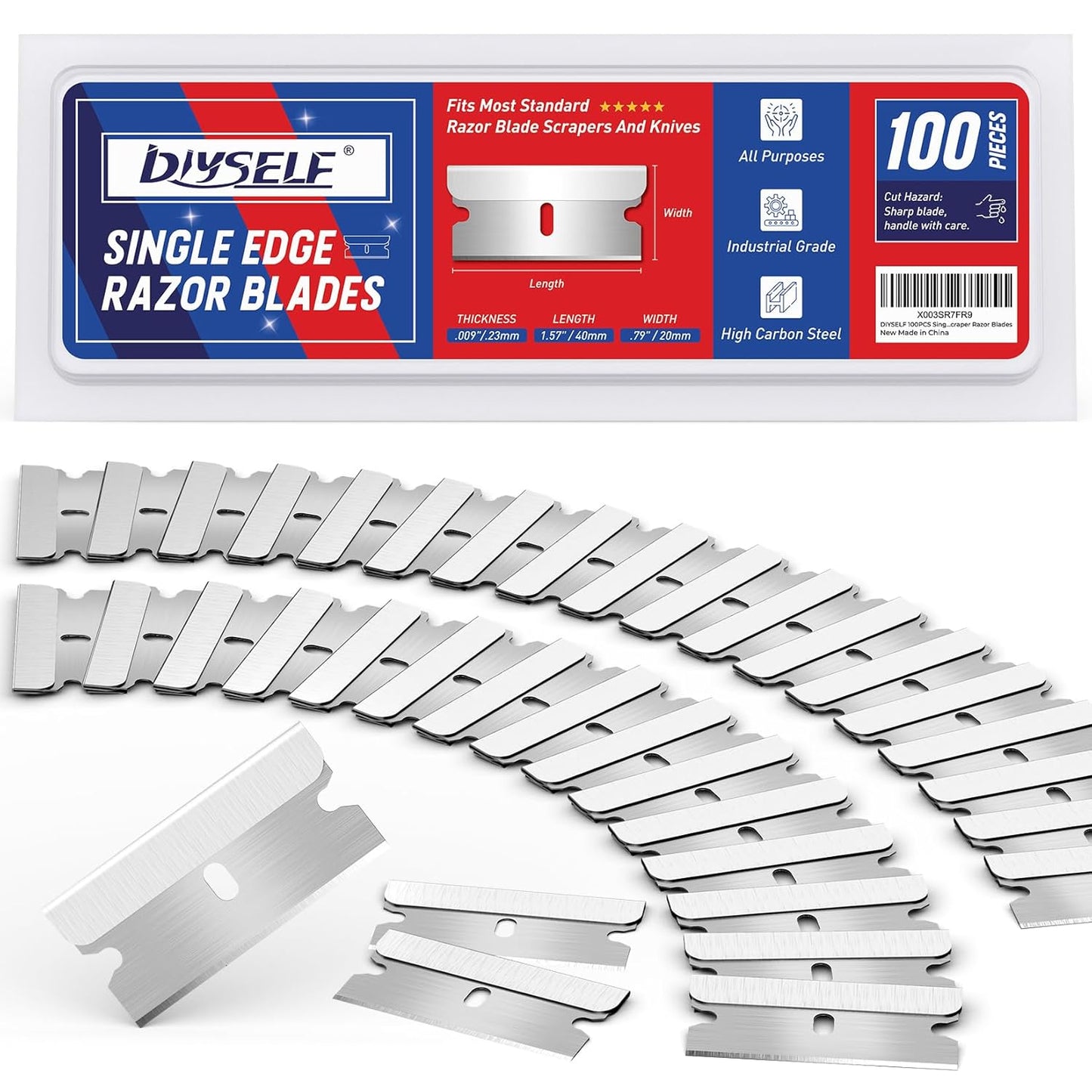 DIYSELF Single Edge Razor Blades, 100 Blades, Razor Blades Refiils for Razor Scraper, Utility Knife, Heavy Duty One Edge Blades, High Carbon Steel Blade for Removing Decals, Stickers