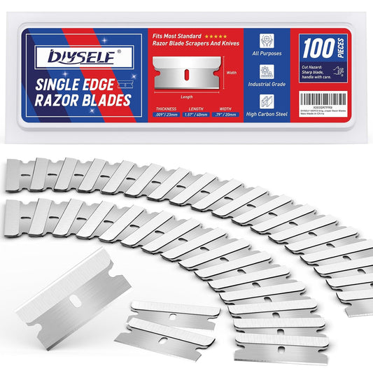 DIYSELF Single Edge Razor Blades, 100 Blades, Razor Blades Refiils for Razor Scraper, Utility Knife, Heavy Duty One Edge Blades, High Carbon Steel Blade for Removing Decals, Stickers