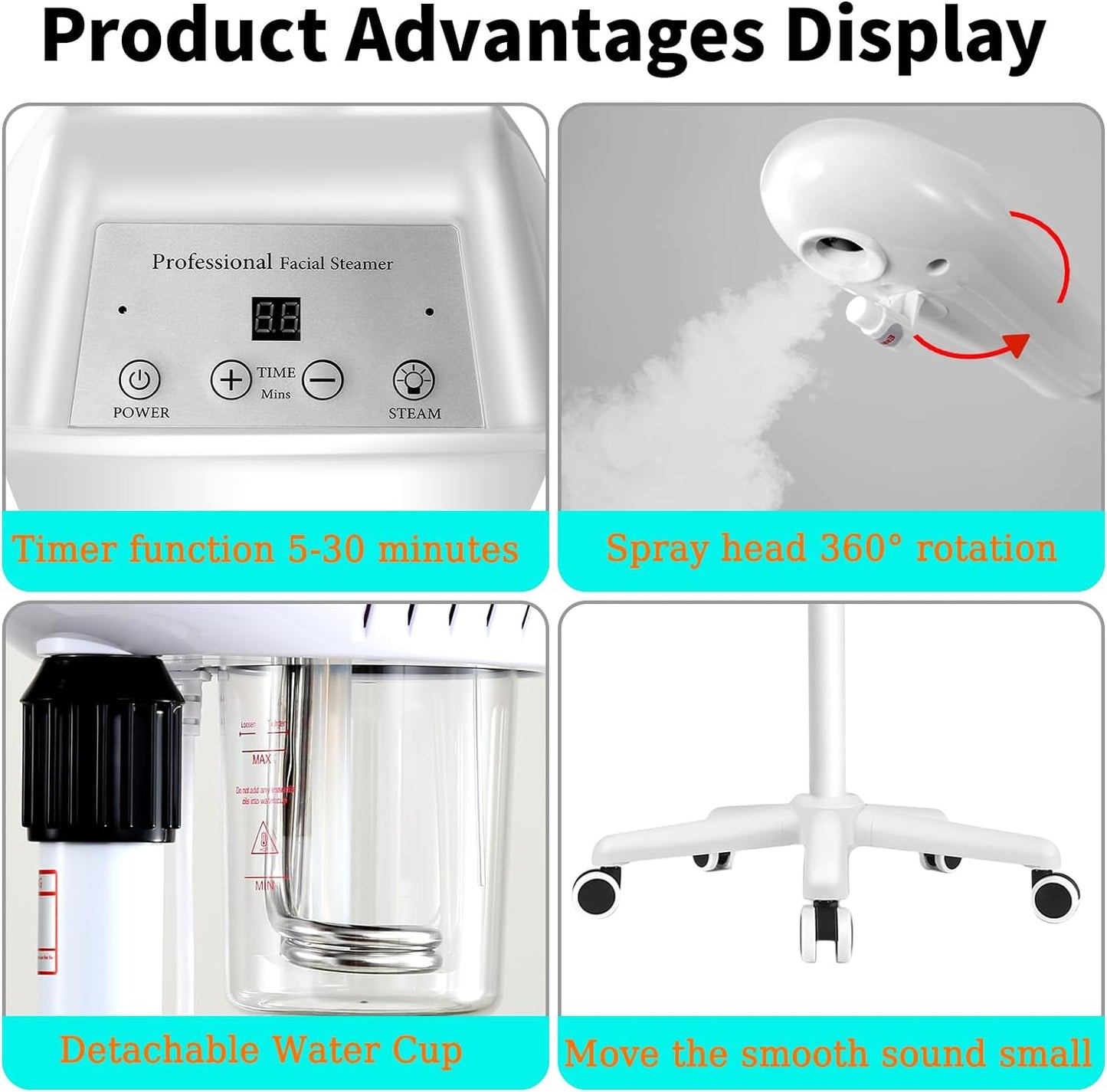 Professional Facial Steamer, Stand Ozone Face Steamer on Wheels, Adjustable Height and Angle,Estheticians Steamer More Steam,Hot Mist Facial Humidifier Atomizer for Spa Beauty, Home Use