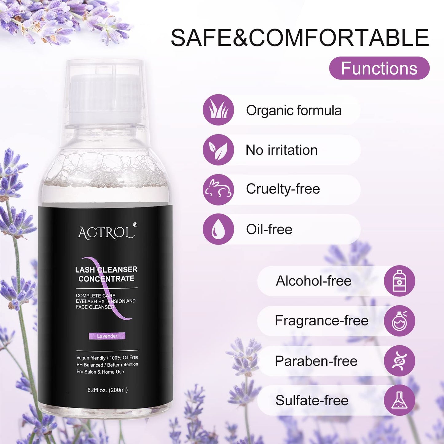 Eyelash Cleanser Concentrate 200ml Lavender Professional Lash Shampoo Foaming Cleanser Lash Wash Concentrate for Extensions Lashes with Salon Home Care-Makes 40 Bottles