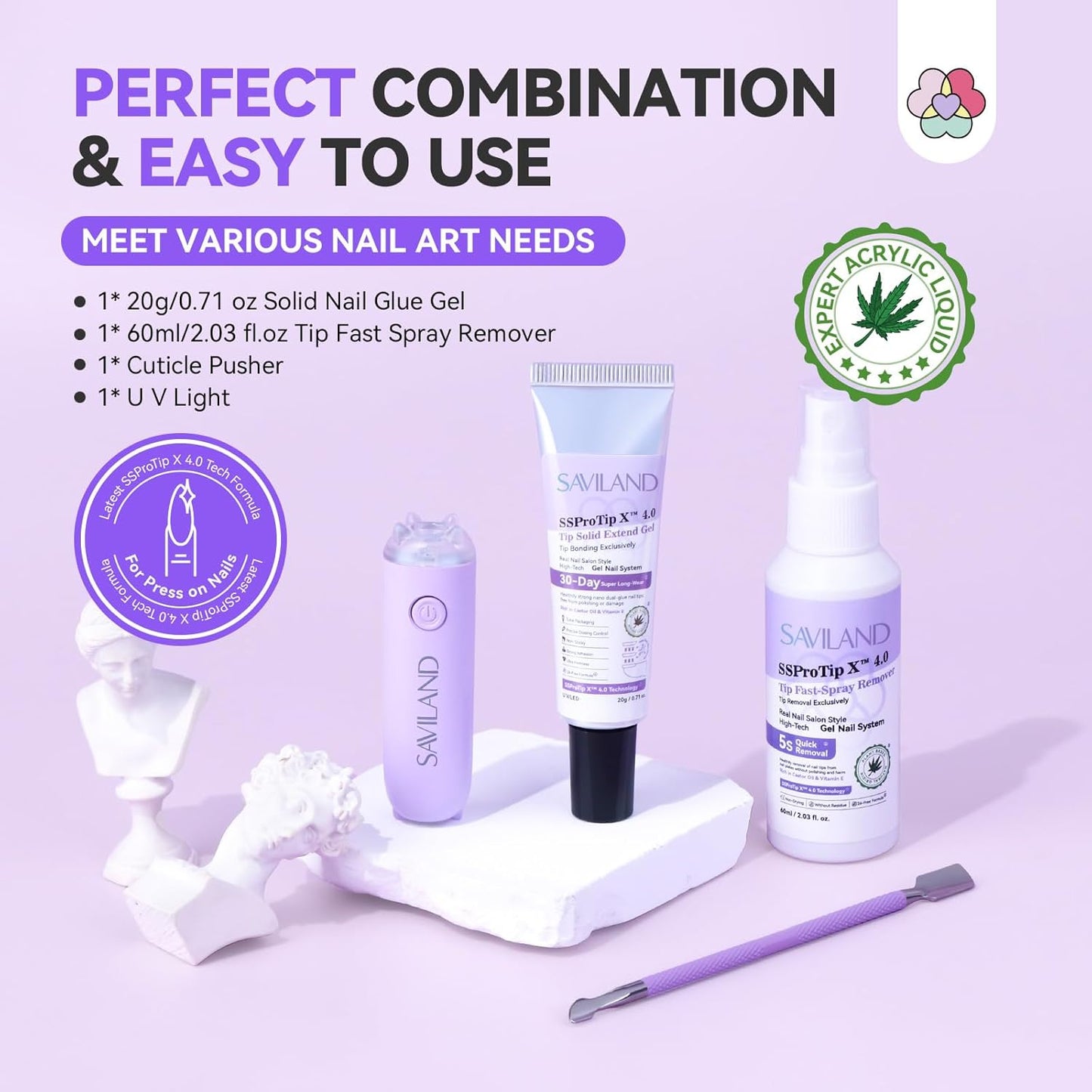 SAVILAND Pro Solid Nail Glue Gel & Remover Kit: 30 Days Long Lasting Gel Glues 20 g Strong Bond Gel Glues for Nails with 60 ml Quick Press On Nails Remover & Mini Nail Lamp for Press Ons