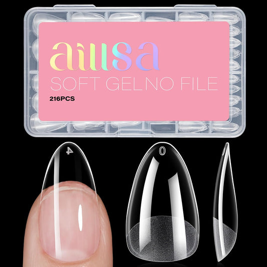 AILLSA Medium Almond Nail Tips Gel Half Matte Acrylic Nail Tips Clear Gelly Full Cover Pre-Filed Press on Nail tips Fake Nails For Extentions Manicure Salon Home DIY 216PCS 12 Sizes