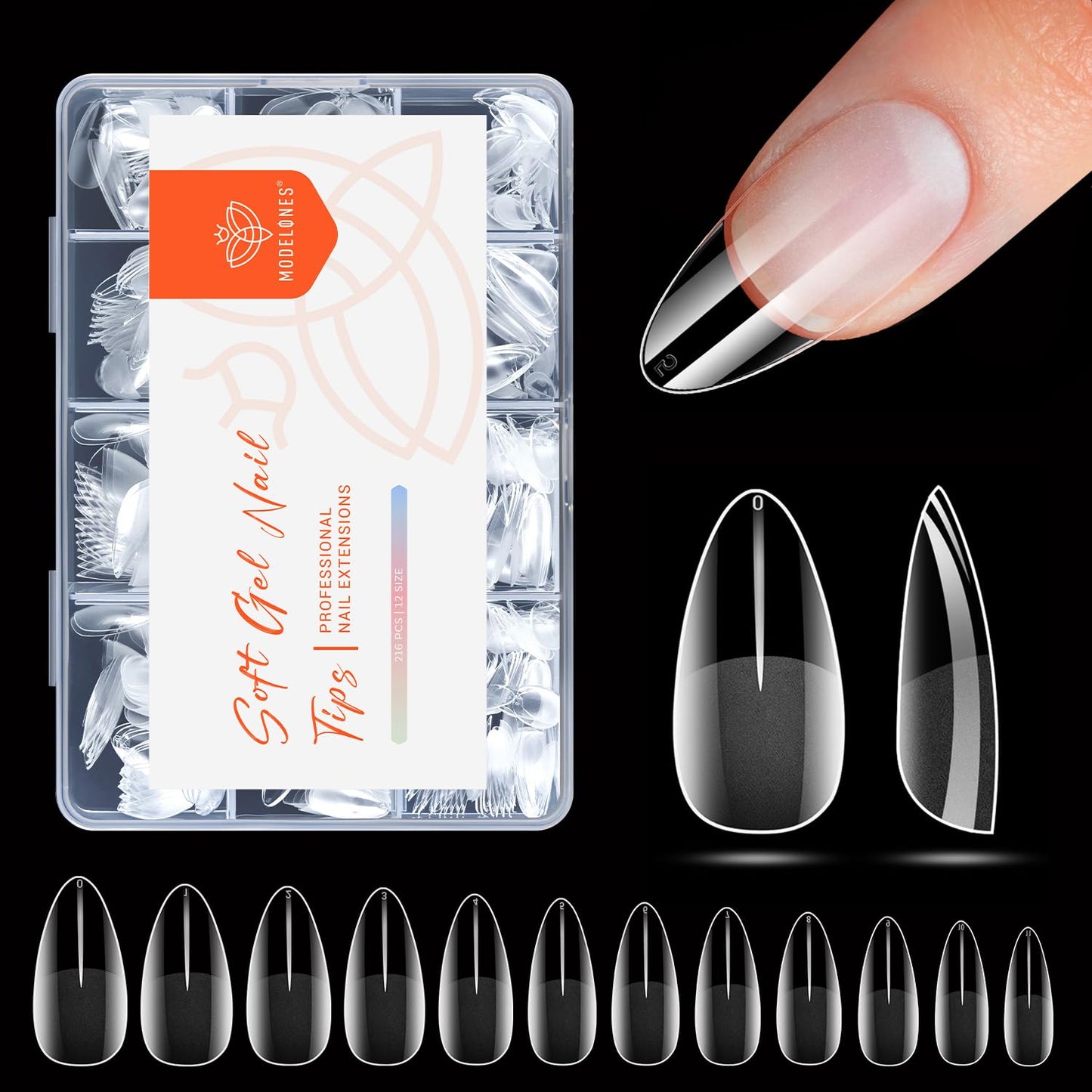 modelones Medium Almond Nail Tips, Pre-shaped Soft Gel Tips Fake Nails False Acrylic Clear Full Cover Press on Extension Kit Gel Manicure DIY at Home 216PCS 12Sizes