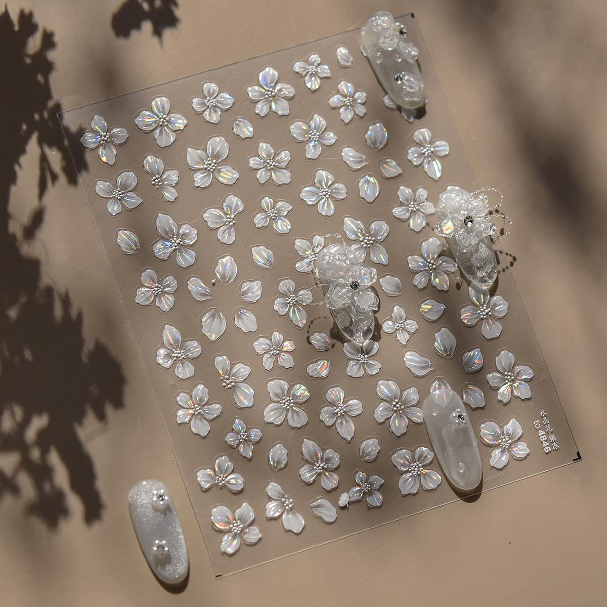 Flower Nail Stickers for Nail Art White Magnolia Petals Wedding Nails Design 3D Nail Art Stickers Decals Shiny Shell Light Crystal Flowers Stickers for Nails Summer DIY Manicure Decorations 1Pcs