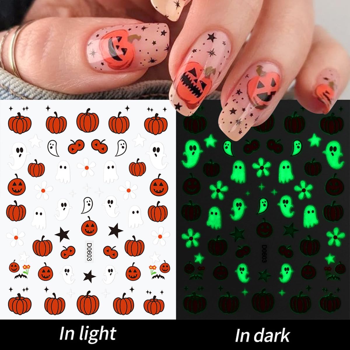 12 Sheets Halloween Nail Art Stickers Glow in The Dark Pumpkin Nail Decals Fluorescent Ghost Nail Stickers Self Adhesive Skull Nail Art Supplies for Women Girls DIY Manicure Nail Art Decorations