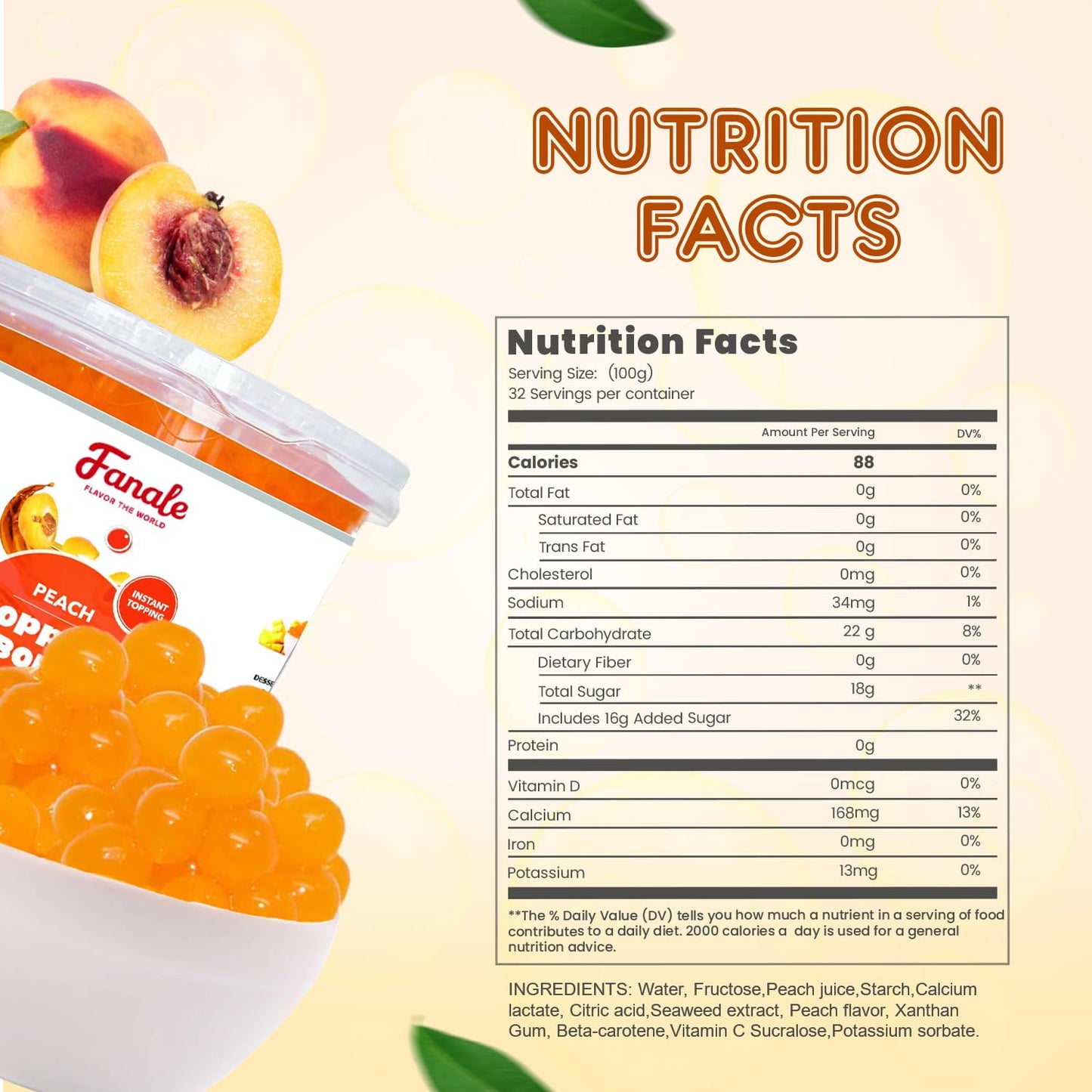 Fanale Peach Popping Boba Pearls, Vegan, Non GMO, Gluten Free, Fat Free, Perfect for Bubble Tea, Smoothies, Ice Cream, Desserts, and Beverages | FPB010