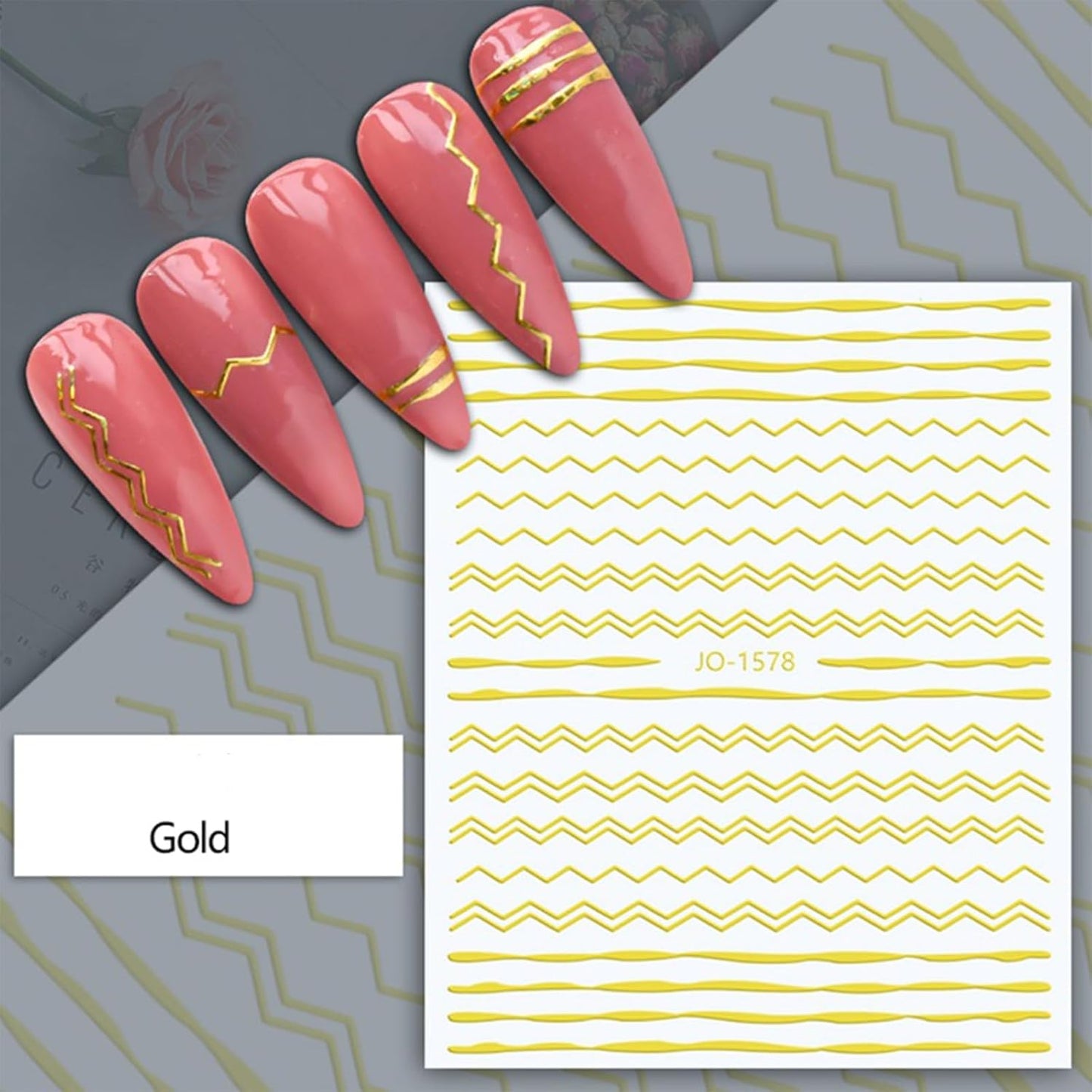12 Sheets Gold Nail Stickers, 3D Self-Adhesive Metal Geometric Stripe Wave Nail Sticker, Gold Nail Art Designs, Style-c