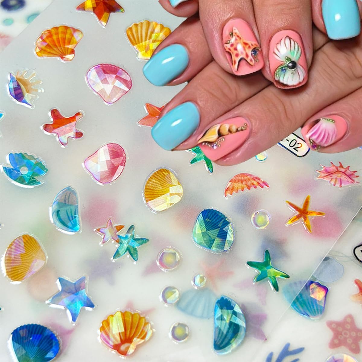 12Pcs Ocean Nail Art Stickers 3D Self Adhesive Summer Nail Stickers Holographic Colorful Shell Starfish Nail Decals Hippocampus Jellyfish Mermaid Cute Nail Art Design Decor Marine Life Nail Supplies