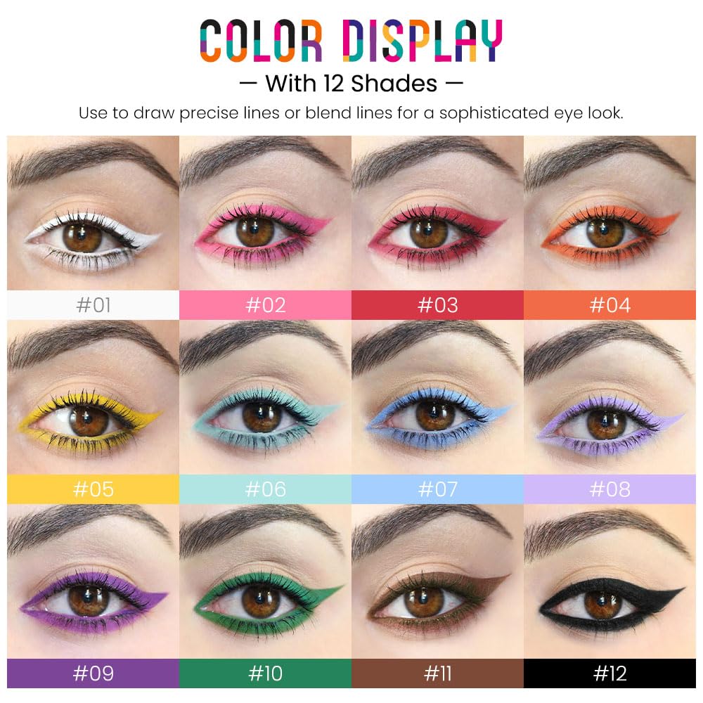 evpct 12Pcs Colored Matte Gel Eyeliner Pencils Set for Women, Green Blue White Black Auburn Yellow Orange Eyeliner Waterline Waterproof lapiz de ojos delineador de ojos contra el agua eye liner Makeup