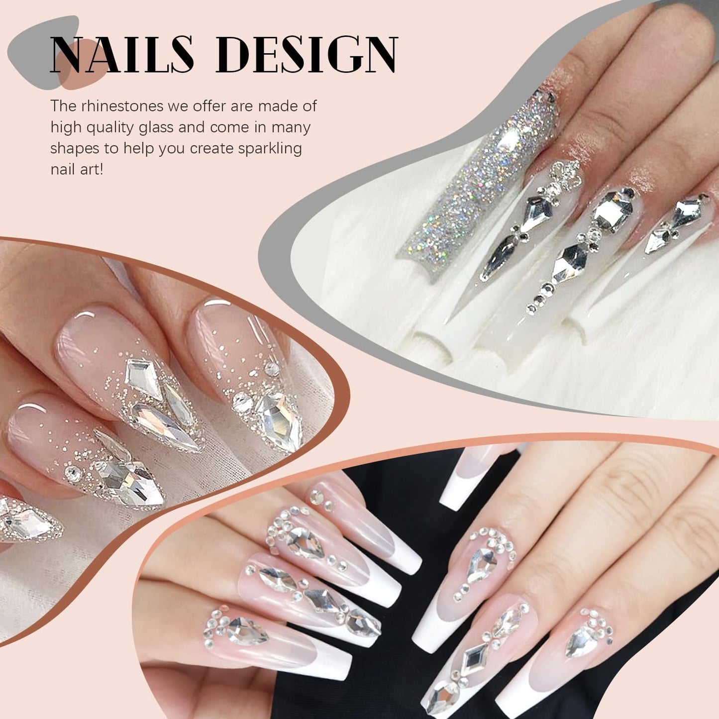 Silver Clear Nail Rhinestones 2680Pcs - Multi Shapes Glass Flatback Gems + 2560Pcs 1.5-4mm Round Crystal with Rhinestones Glue Gel, Manicure Nail Charms Diamond Gemstones