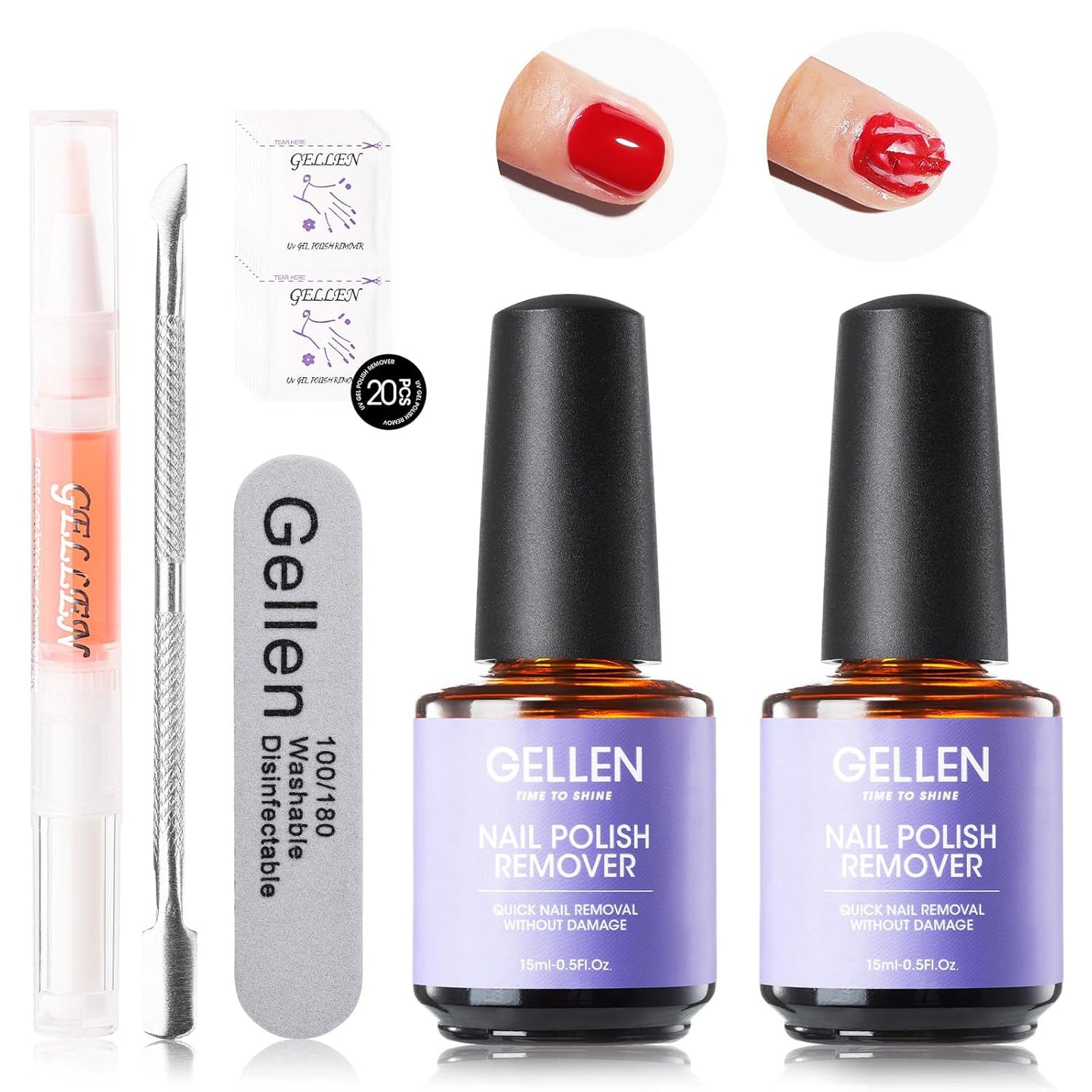 Gellen Gel Nail Polish Remover - 2Pcs Gel Polish Remover for Nails with Cuticle Pusher and Cuticle Oil, Quick & Easy Gel Nail Polish Removal in 2-5 Minutes, No Need Soaking or Wrapping 15ml 0.5fl.oz