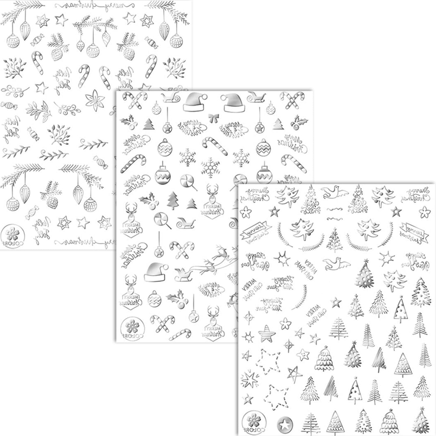 HNUIX Nail Stickers - 3D Christmas, Self Adhesive Nail Decals, Multi Pattern, Silver, 9 Sheets, for Nail Art