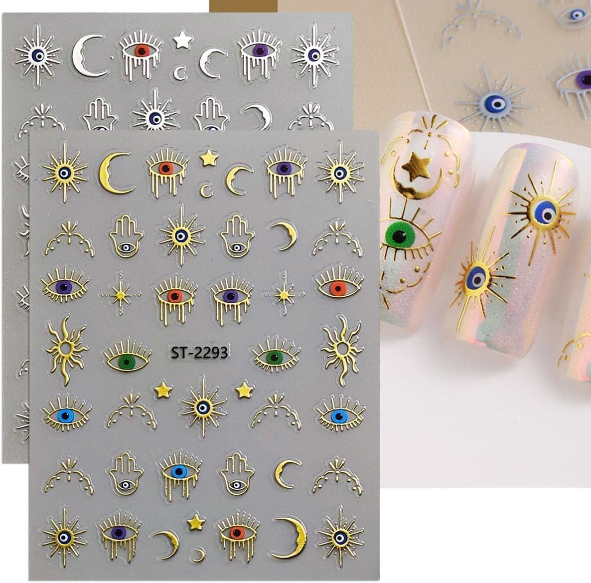 12 Sheets Gold Eye Nails Stickers Decals Star Sun Design Nails Art Stickers 3D Self-Adhesive Snake Moon Nail Art Decals for Women DIY Nail Decorations