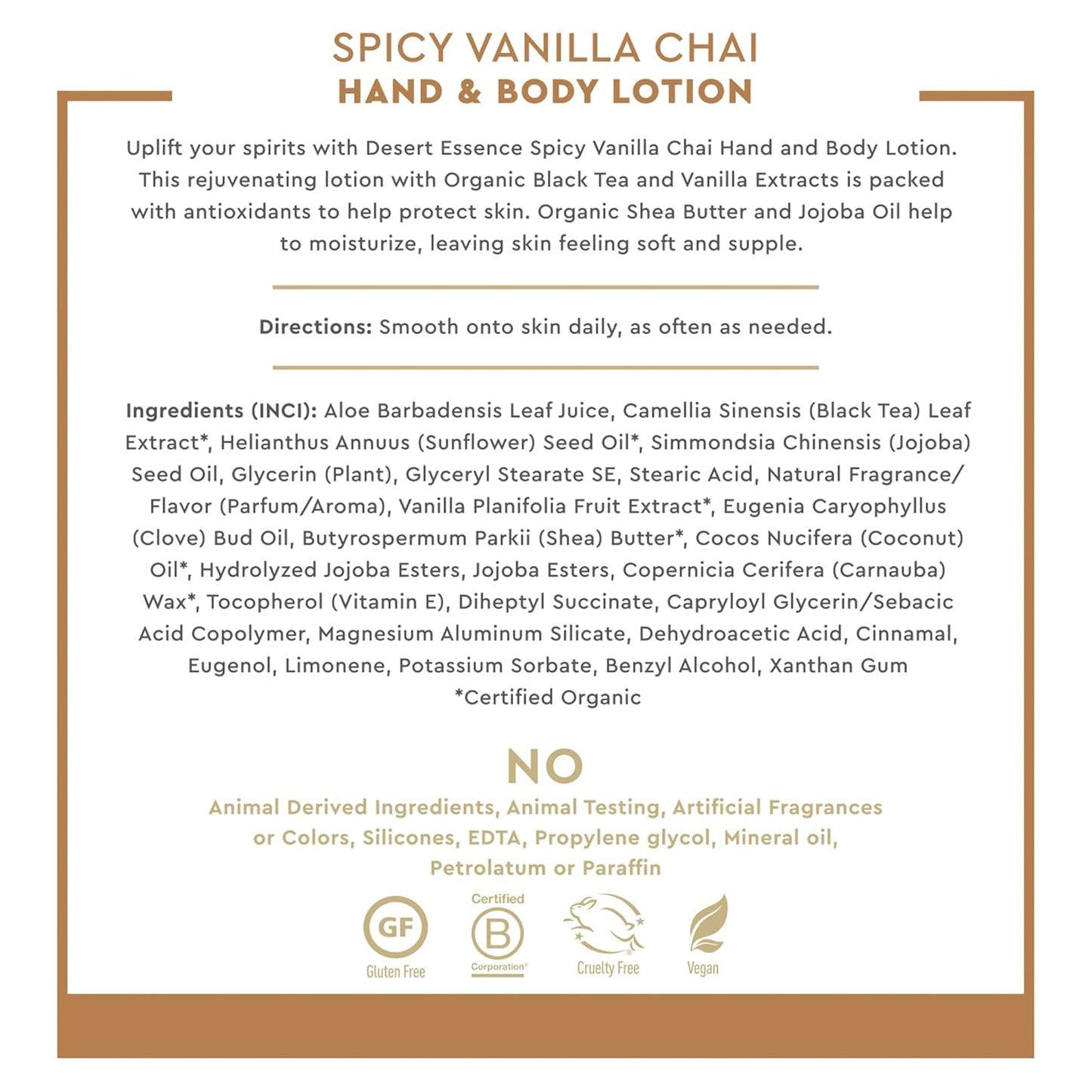 Desert Essence Spicy Vanilla Chai Hand & Body Lotion, Uplifting, Smoothes & Softens Skin, No Greasy Residue, Aloe Vera, Shea Butter, Vitamin E, 8 Fl Oz