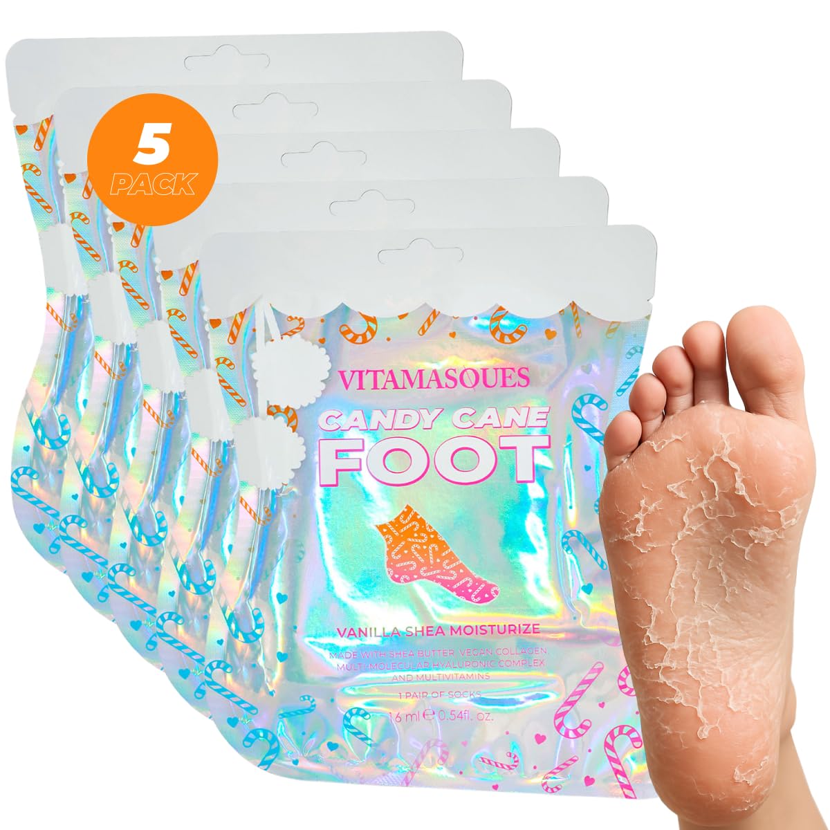 Vitamasques Candy Cane Moisturizing Foot Mask 5 Pairs - Korean Foot Mask with Shea Butter, Nourishing Feet Masks & Foot Moisturizing Socks for Hydration, Soft Skin & Relaxing Self-Care