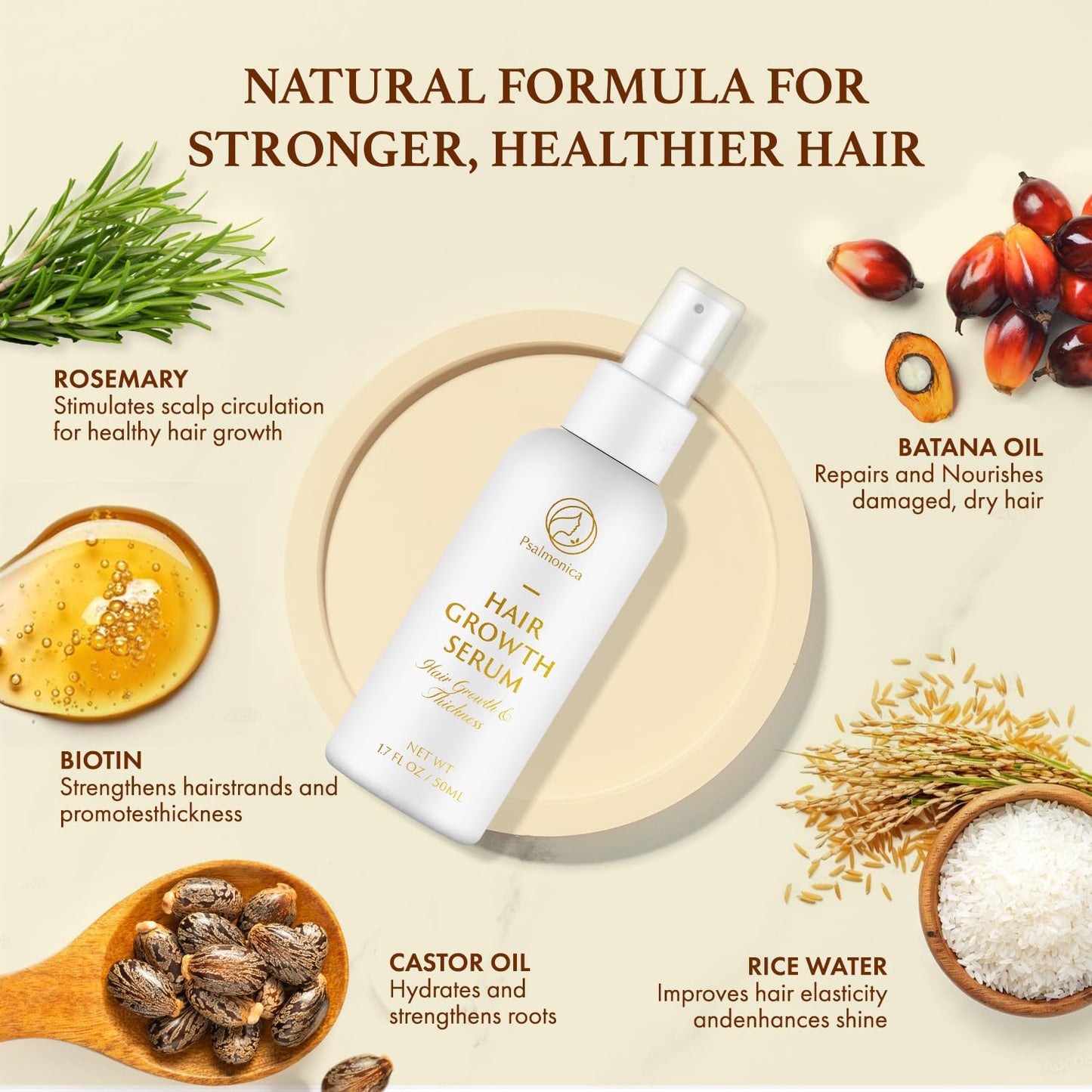 Hair Growth Serum: Rosemary Batana Castor Oil Rice Water Biotin Hair Oils for Hair Growth - Hair Growth Thickening Product - Hair Loss Treatments for Women Men(50 ML)