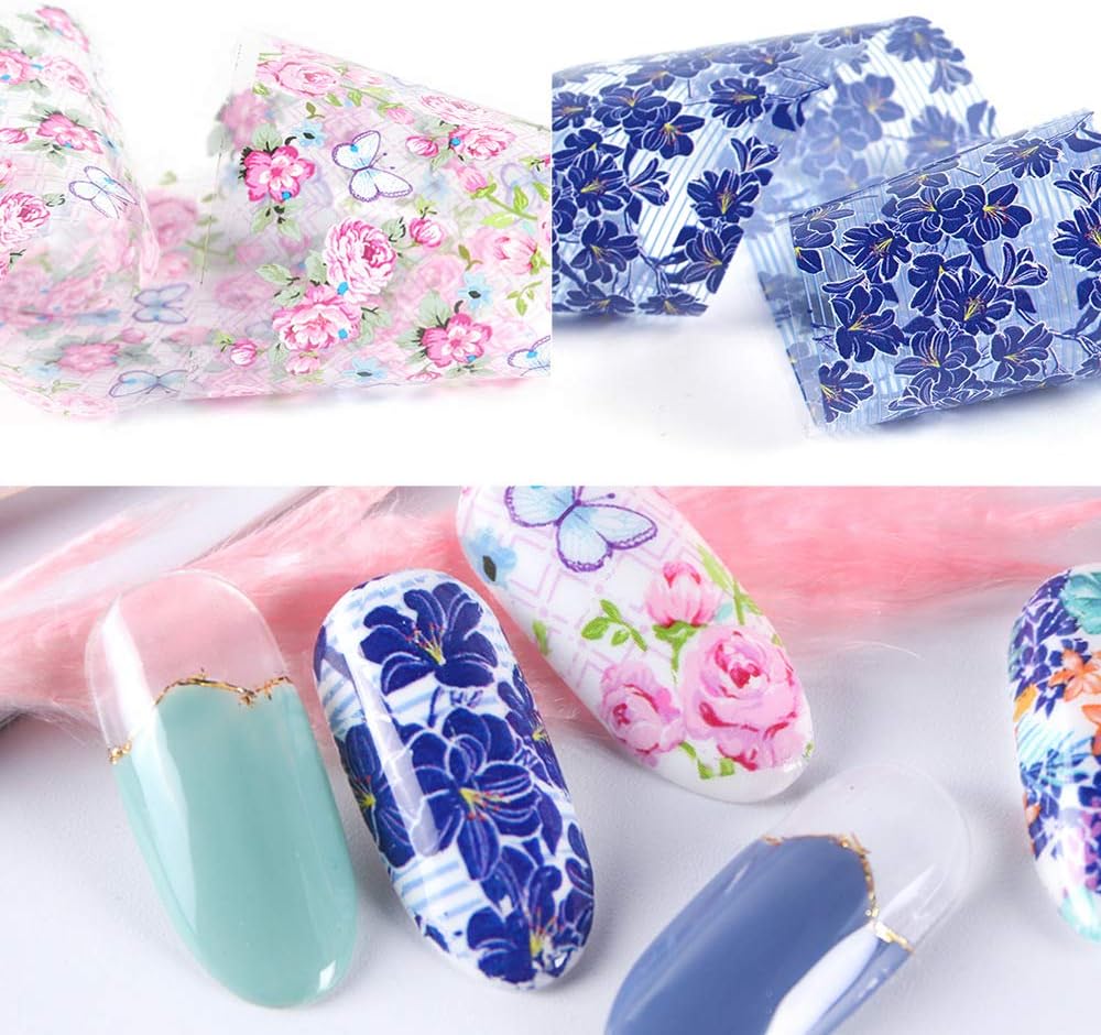 10 Sheets Flower Nail Transfer Foils Holographic Nail Foil Colorful Flower Stickers for Nails Decoration Starry Sky Manicure Transfer Tips Butterflies Nail Art DIY for Women Girls