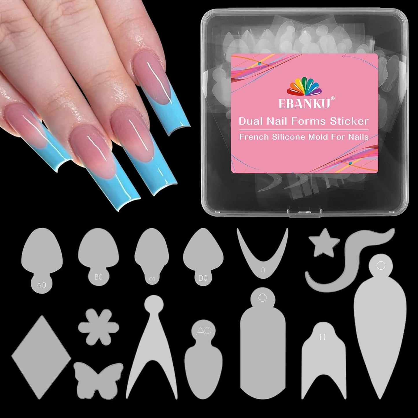 EBANKU 144PCS French Nail Forms Stickers Reusable Silicone Tip Stickers for Dual Nail Forms, Soft Manicure Stencil for Poly Gel Nail Mold