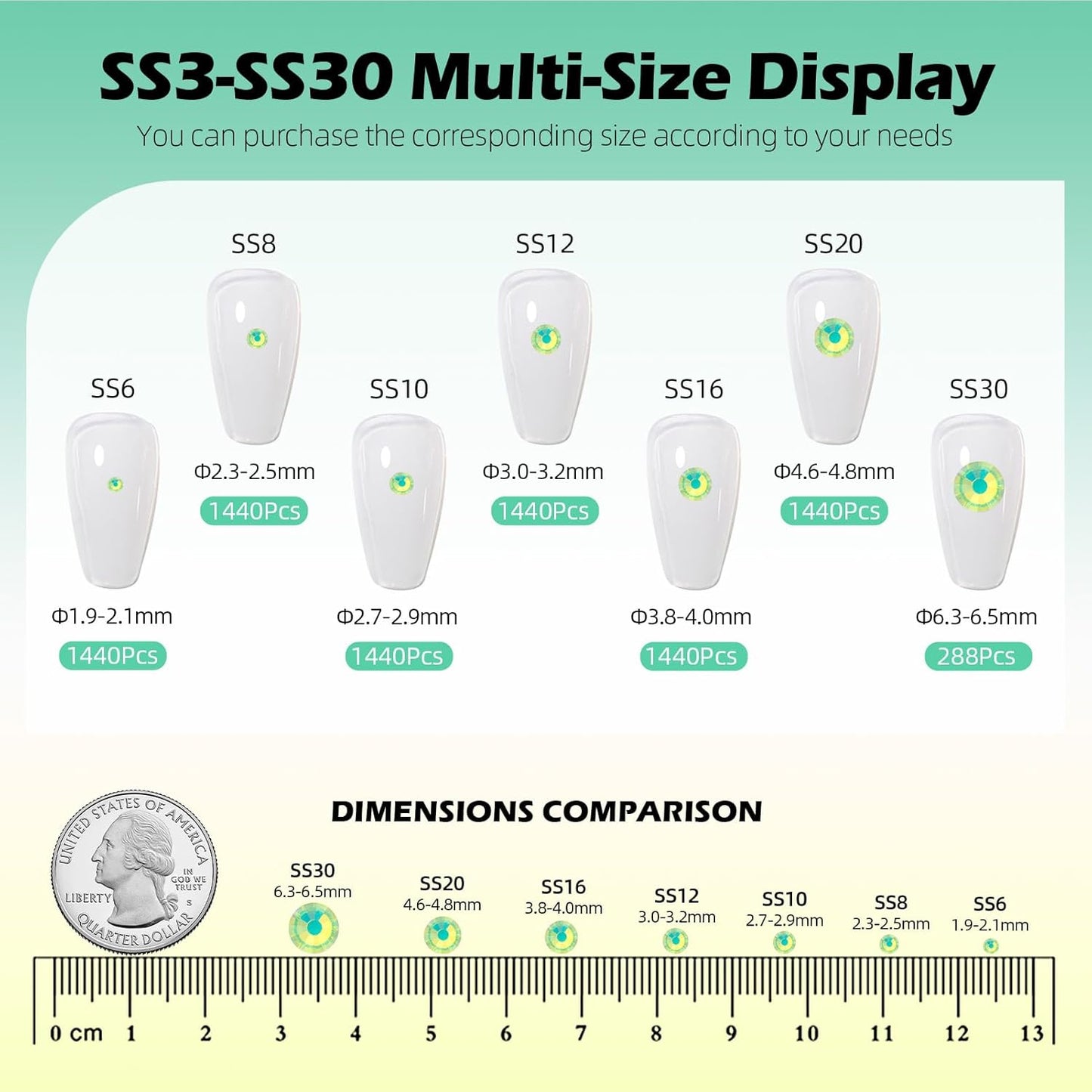 F Green Flatback Rhinestones, Glass Rhinestones for Nail Art and Craft, Glue Fix, Loose Crystal Gemstones(F Green, SS10, 1440pcs, 2.7-2.8mm)