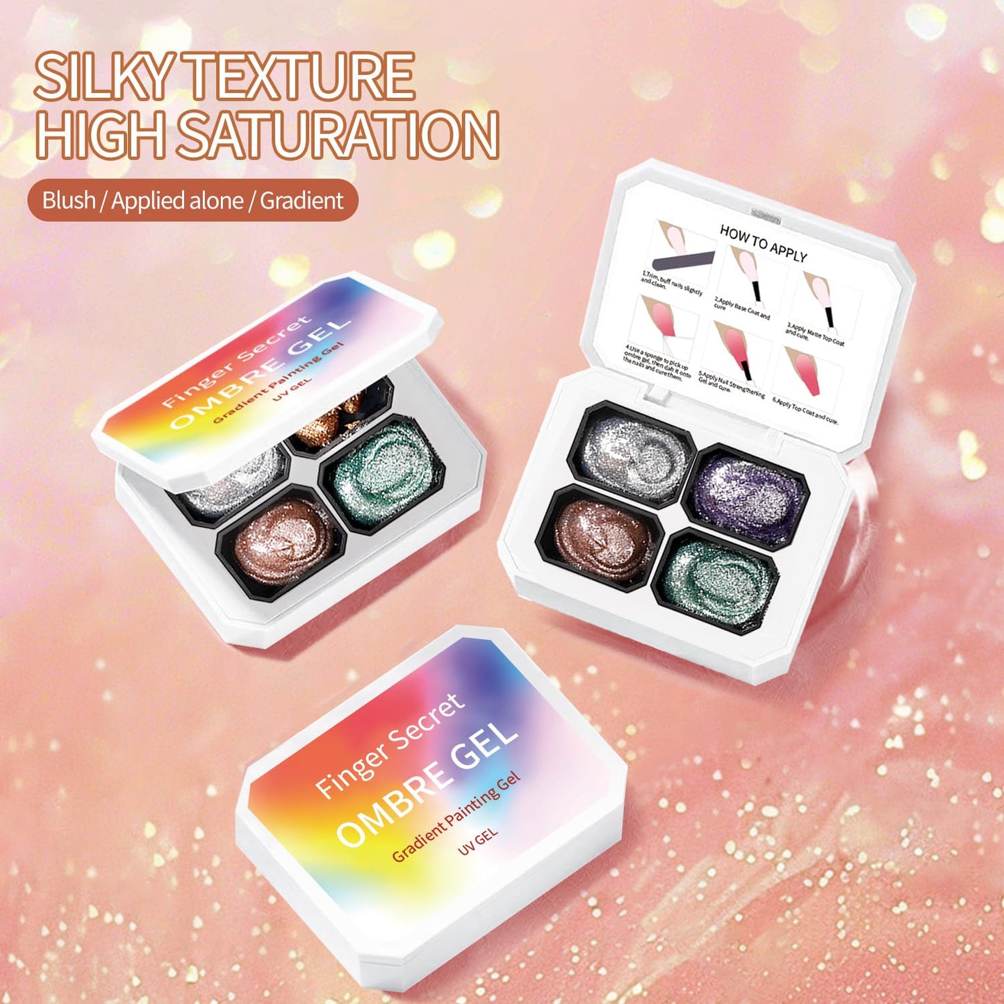 Finger Secret 4 Colors Set Ombre Pat Gel Glitter Nail Polish Shine,Patting Ombre Pigment Palette for Nail with 20Pcs Nail Sponges for Gradient Gel Painting Nail Art Ombre Pat Gel Nail Polish