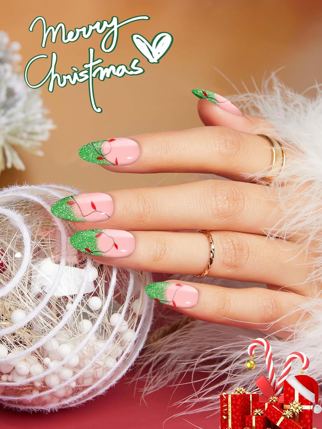 EBANKU 24pc Semi-Cured Gel Nail Strips, Waterproof Gel Nail Wrap Stickers with Christmas Lights Designs and File - UV/LED Lamp Required