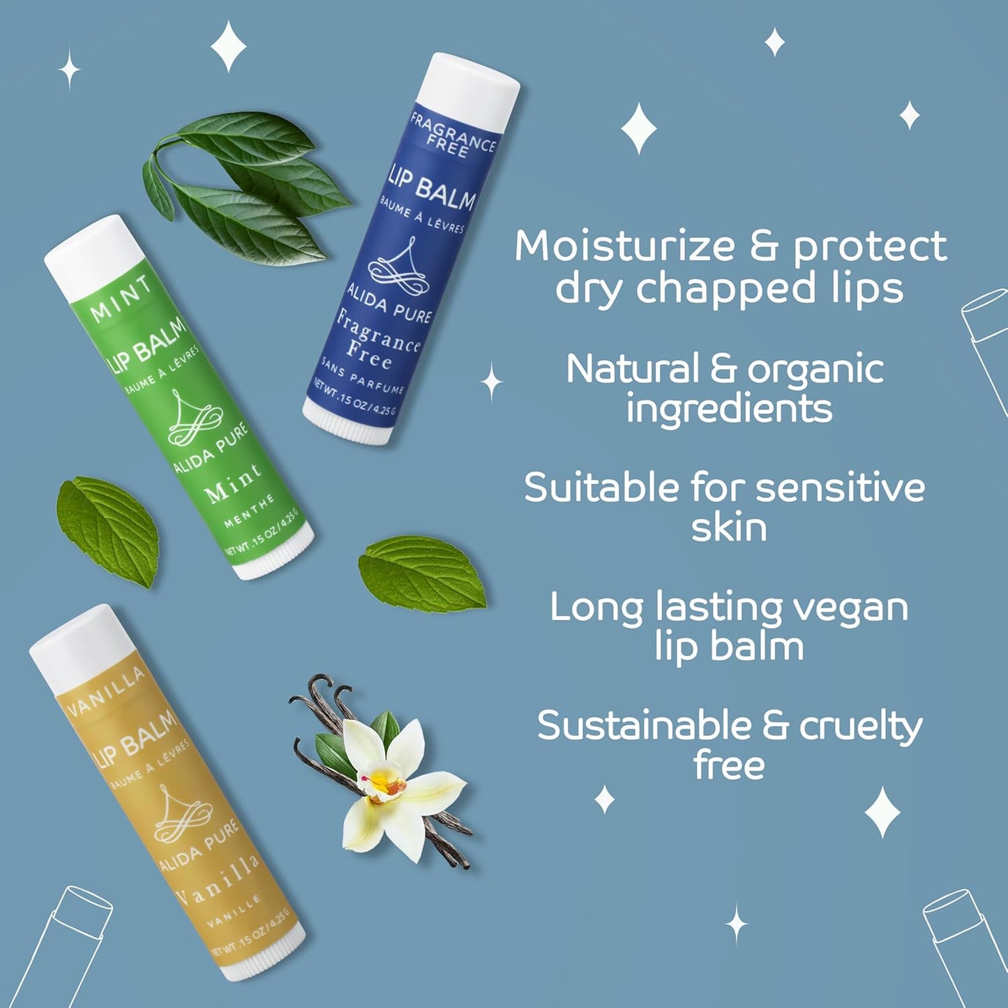 Favorites Lip Balm Collection, Vegan Set, Bees Wax Free, Coconut Oil Free, with Organic Jojoba and Avocado Oil, Vitamin E, Natural Moisturizer For Dry Cracked Lips, 3 Tube Set