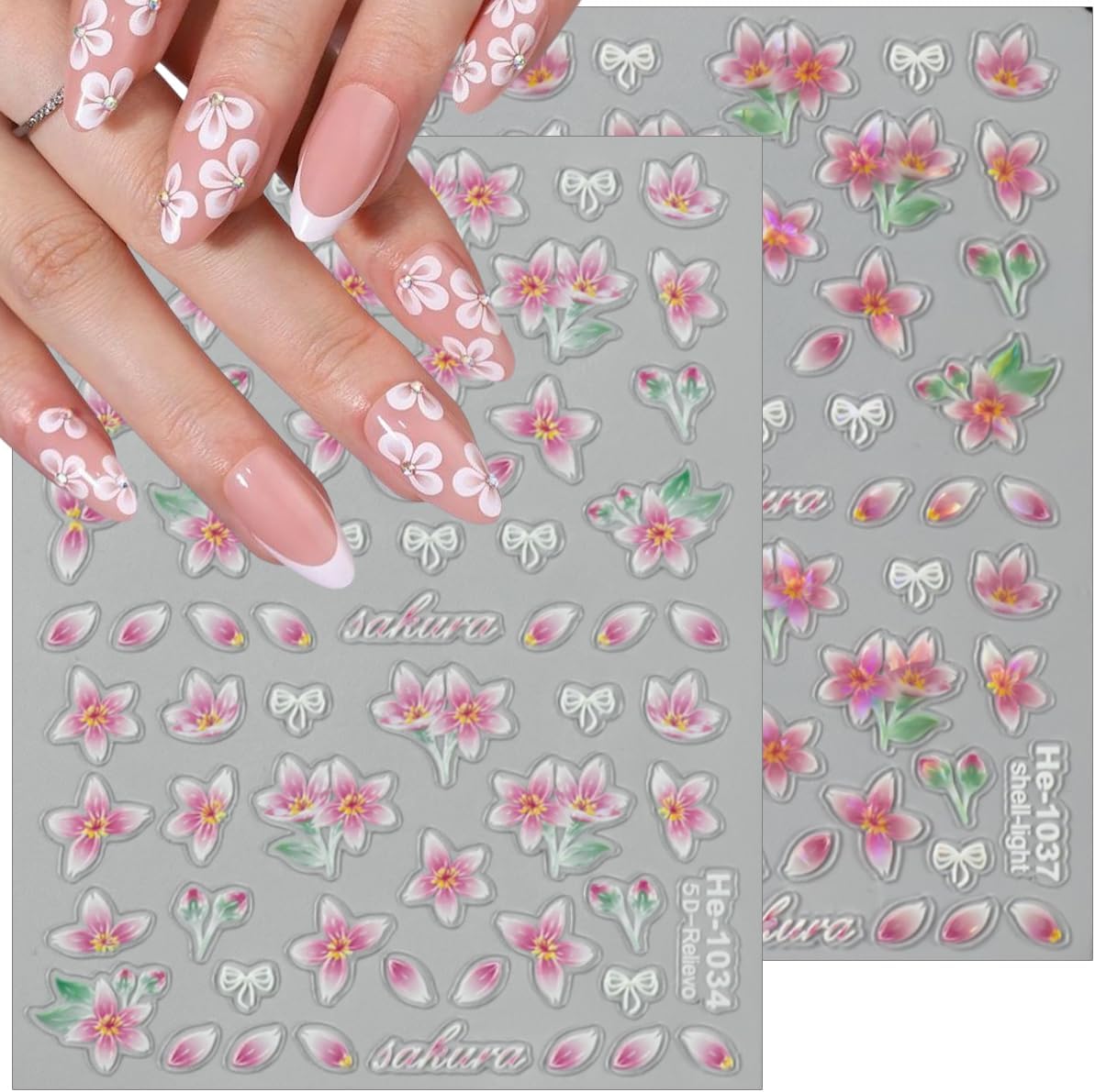 Flower Nail Art Stickers Decals Spring Relief Lily Floral Nail Decals Pink White Blue Self-Adhesive Design Flowers Nails Stickers 5D Embossed Nail Art Supplies for Women Girls Summer Nail Decorations