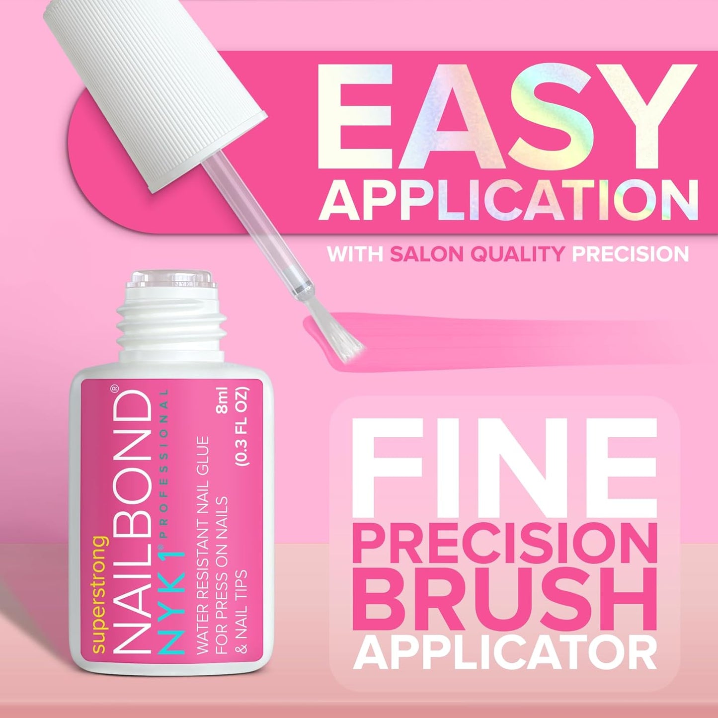 Super Strong Nail Glue for Press On Nails, Nail Tips & Acrylic Fake Nails (8ml) NYK1 NailBond Brush On Glue for Press Ons, Tips & Acrylics - Long Lasting, Maximum Strength, Mess-Free Application