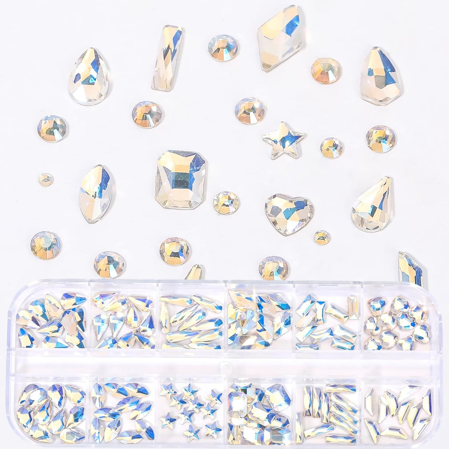 HNUIX Nail Rhinestones - 3D Multi Shape Size, Crystal Blue Moonlight Nail Gems, Flat Back, with Kit, for Nail Art, DIY Decorations