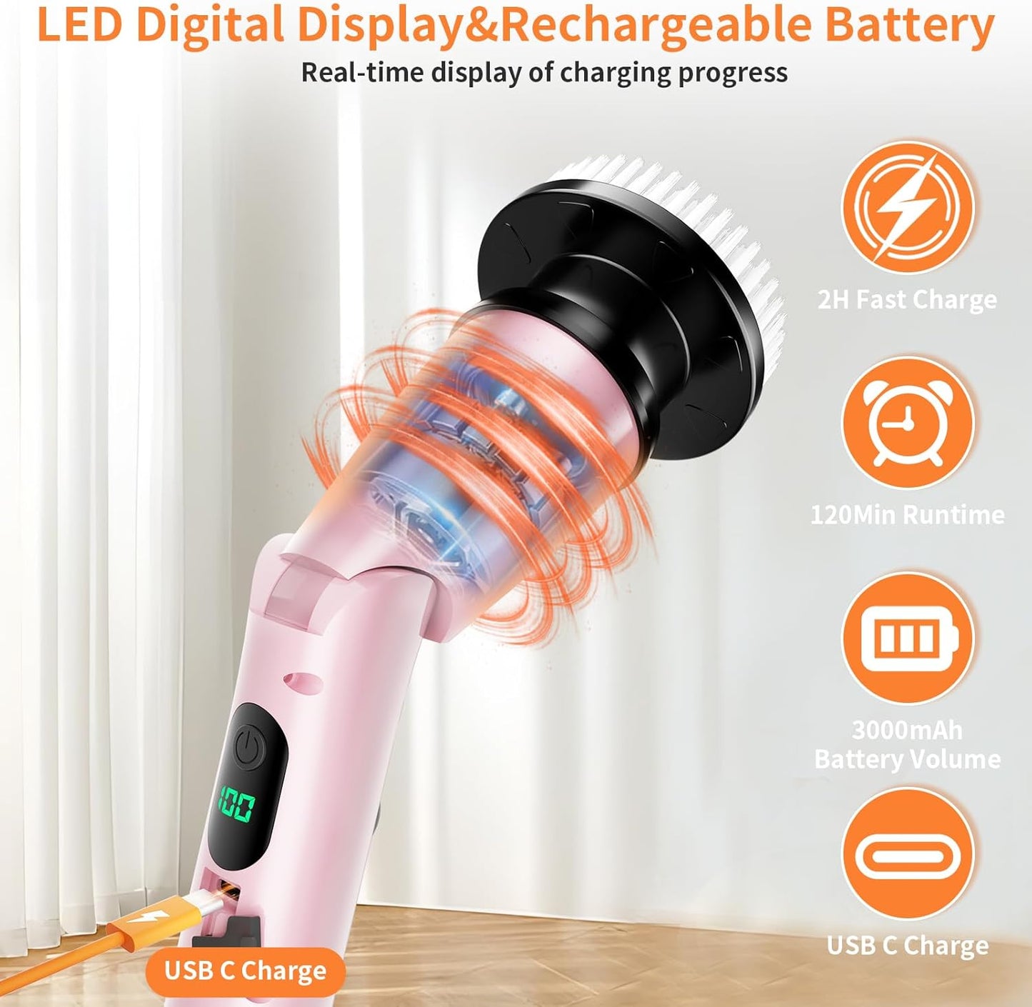 11 in 1 Electric Spin Scrubber Cordless Cleaning Brush 3 Adjustable Angles 2 Adjustable Speeds LED Display Shower Cleaner Brush Supplies Extension Long Handle for Bathroom Floor Tile Toilet Waterproof