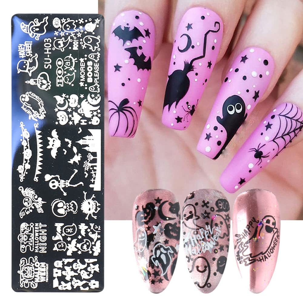 Halloween Nail Art Stamping Plates, 6 PCS Halloween Nail Stamper Kit Horror Ghost Skull Pumpkin Spider Witch Nail Art Stencils Plates Halloween Holiday Party Manicure Template Design Tool