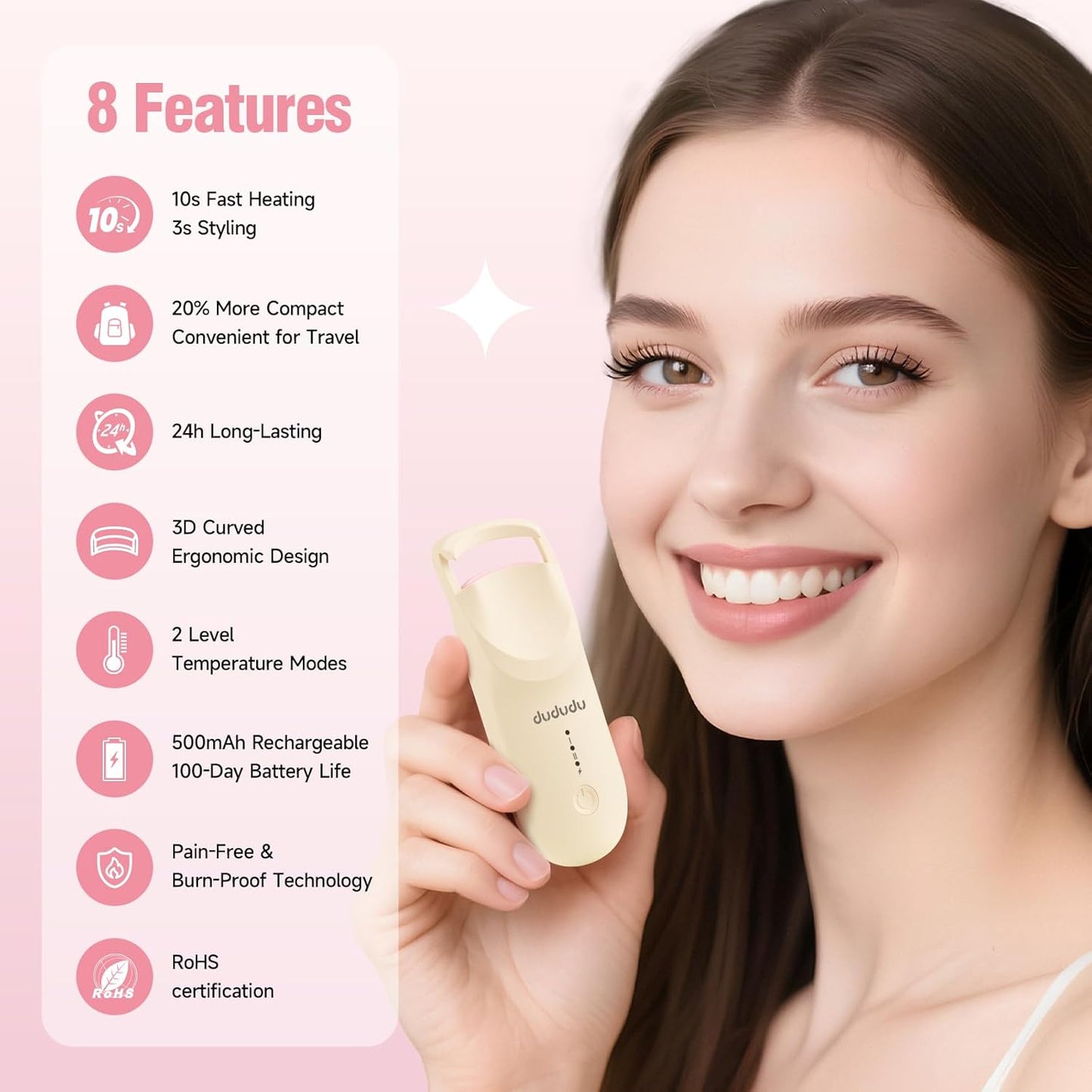 DUDUDU Heated Eyelash Curler, Portable Travel-Size Mini Electric Heated Lash Curler - 2-Level Adjustable Temp & Type-C Recharge, 10S Heat 3S Style 24H Lift for Long-Lasting Natural Effortless Curves