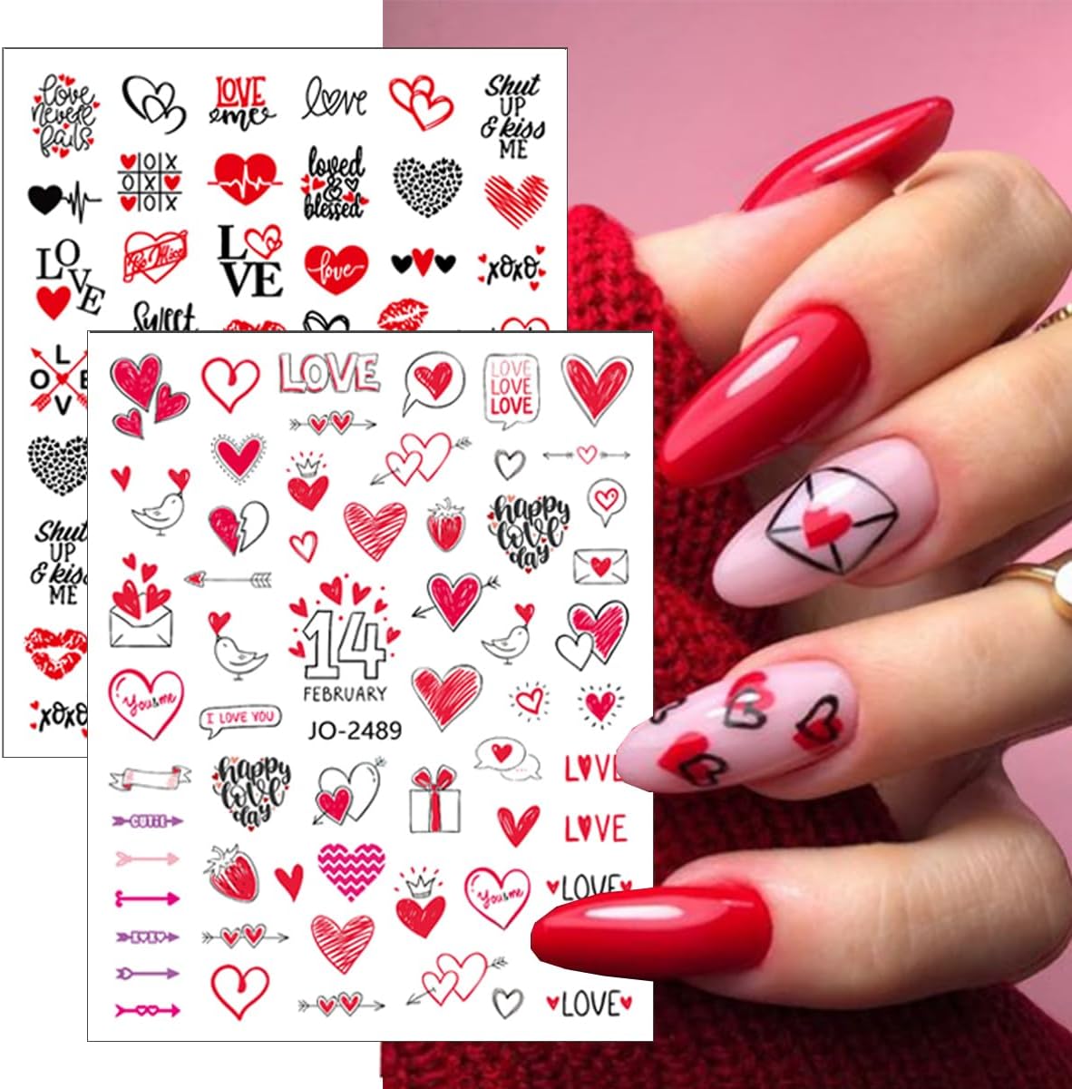 12 Sheets Valentine's Day Nail Art Stickers 3D Colorful Heart Nail Supplies Flaming Red Lips Love Angel Nail Art Design Valentines Nail Stickers Romantic Cupid Lover Nail Decals for Women Manicure