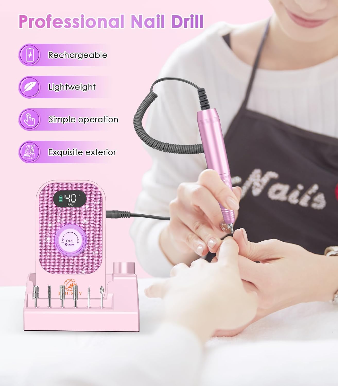 Portable Nail Drill Electric File: Professional Nail E File Machine 40000RPM Rechargeable Cordless Pink Diamond Nail Drill with Bits & Base for for Acrylic Nails Remove Gel Polish Manicure, Salon Home