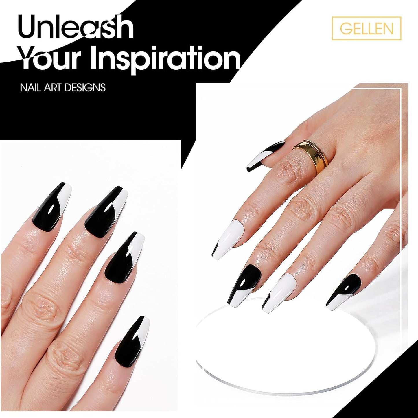 GELLEN 2 Pcs 10ml Black White Liner Gel Nail Polish, Classic Soak off Nail Lamp Nail Art Paint Gel with Thin Nail Art Brush for Euphoria Nail French Manicure