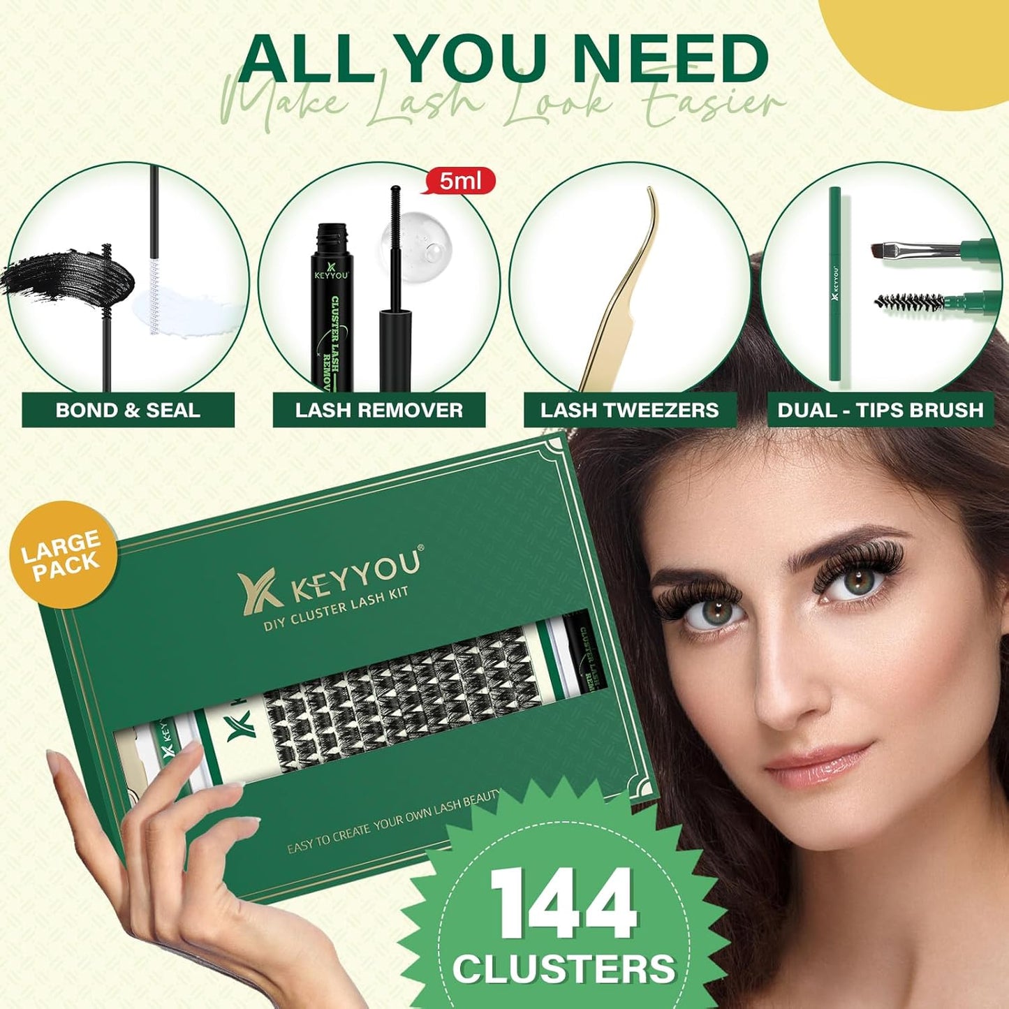 DIY Lash Extension Kit KEYYOU 144pcs Lash Clusters Eyelash Extension Kit with Mascara Brush Bond and Seal Lash Glue Remover Lash Applicators Lash Brush for DIY Lash Extensions (Y02 Kit)