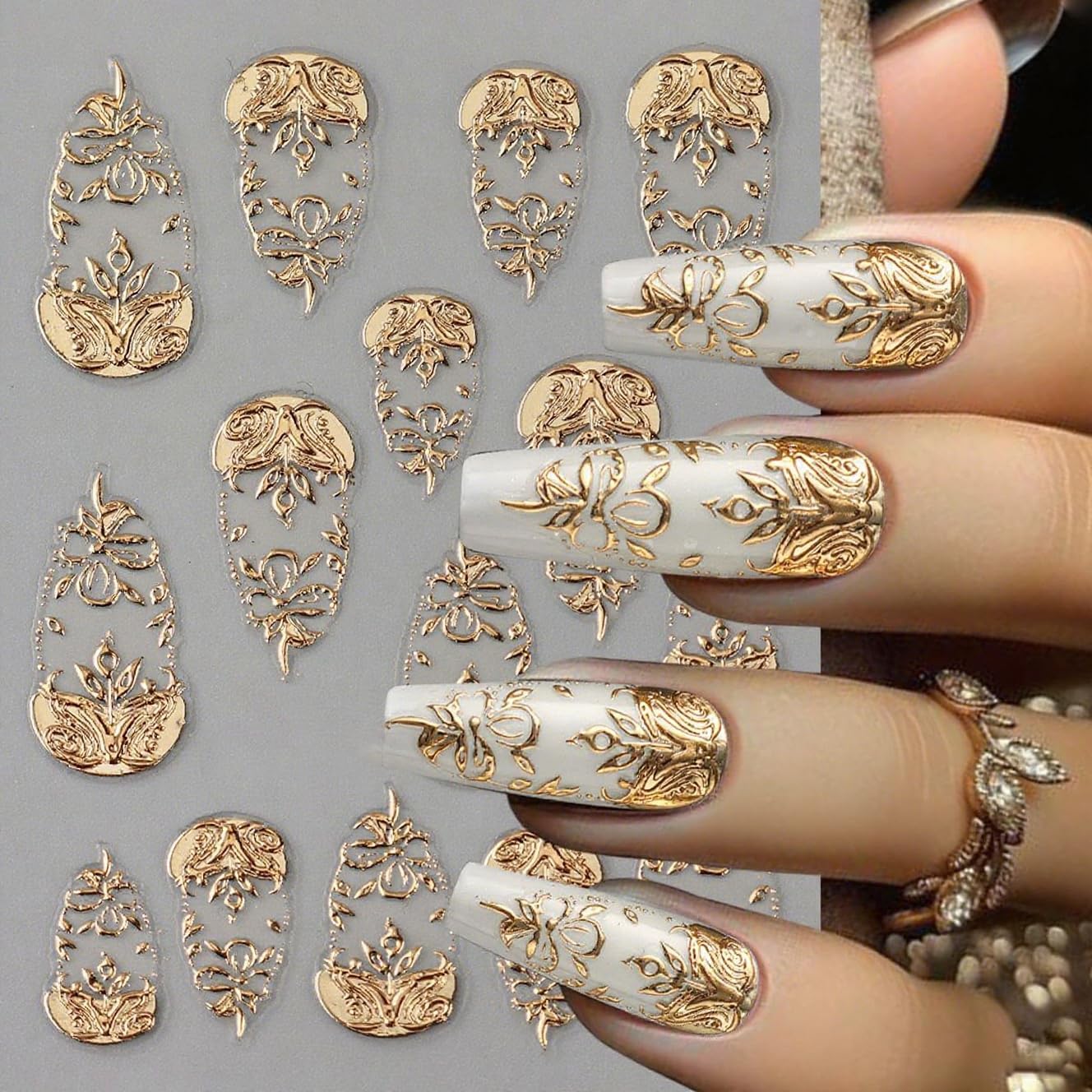 Fall Nail Stickers Gold Leaf Thanksgiving Nail Decals DIY Self Adhesive Floral Fruit Nail Design 3D Nail Decoration Supplies Holiday Manicure Accessories for Women Girls 4Pcs