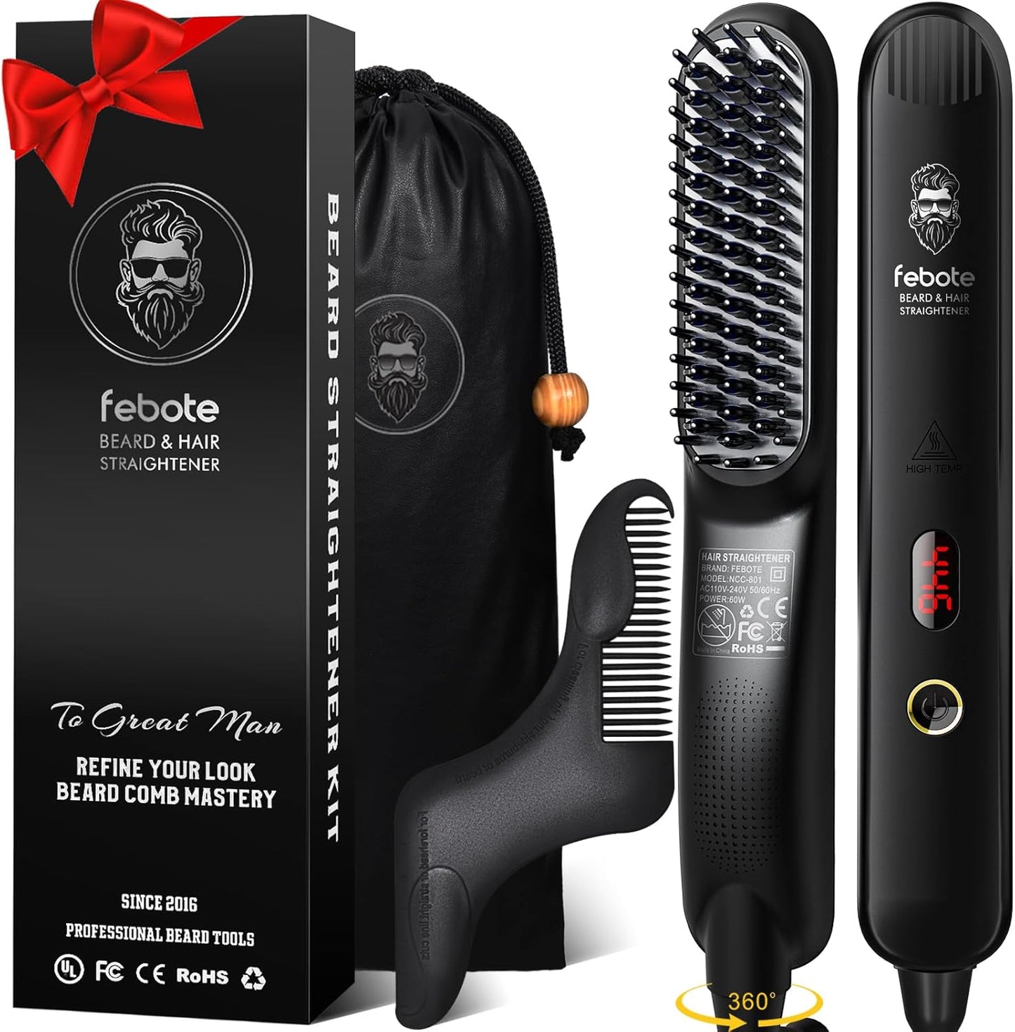 Heated Ionic Hair Straightening Brush for Men - 5 Temperature Settings, Anti-Scald, Beard Shaper & Travel Bag