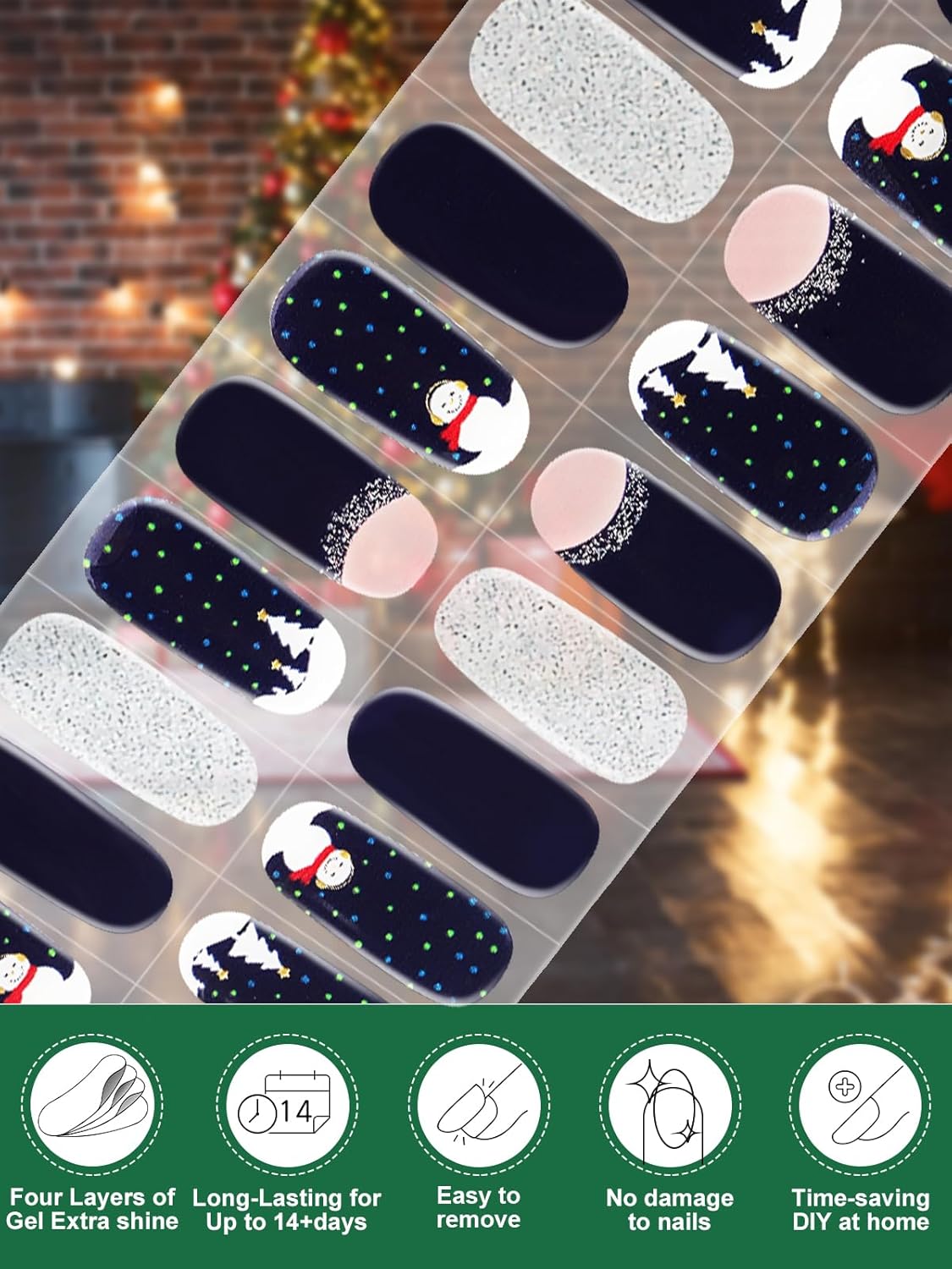 EBANKU 24PCS Christmas Semi-Cured Gel Nail Strips, Snowman Snowflakes Adhesive Gel Nail Art Sticker, Waterproof Gel Nail Wrap Stickers with Nail File and Stick